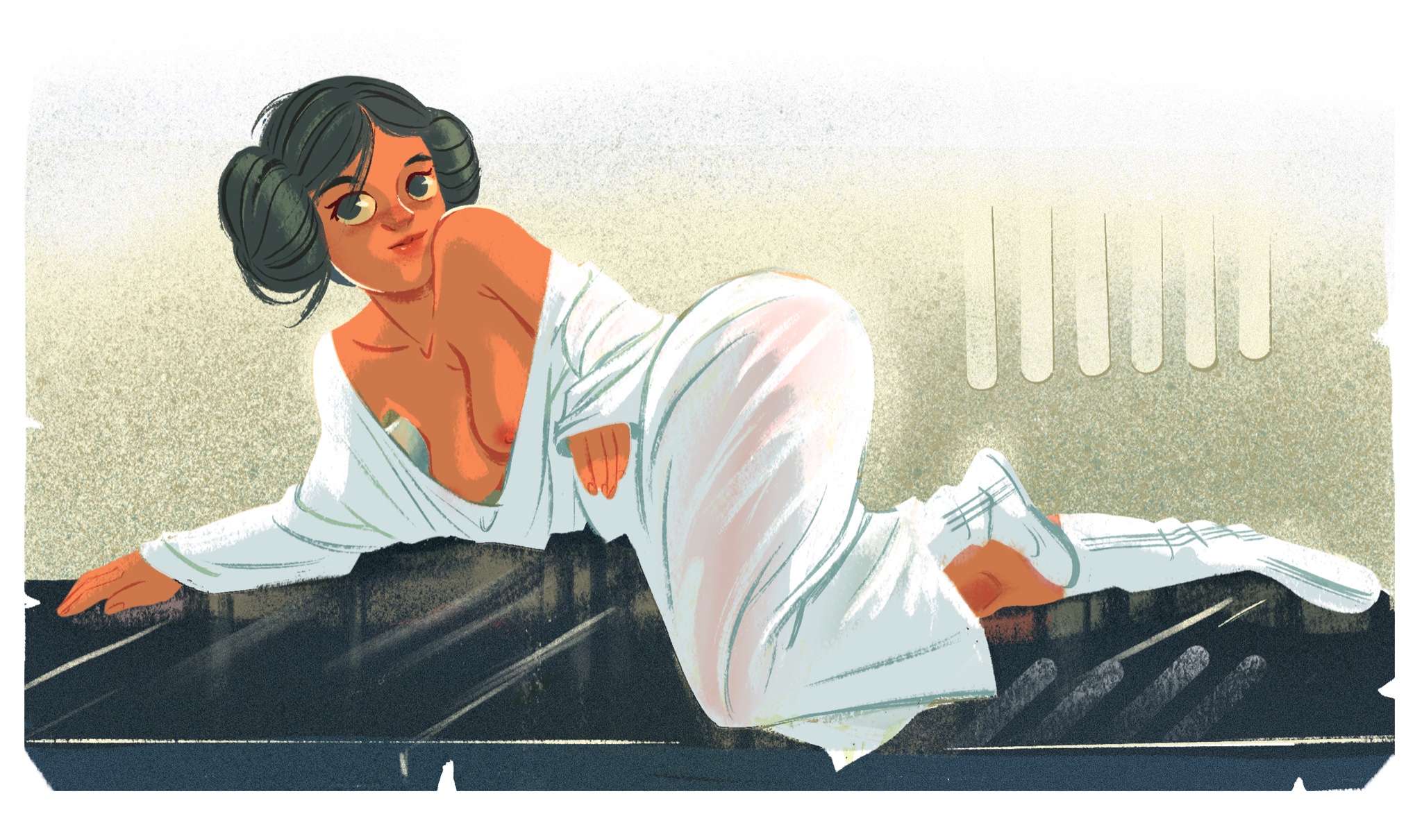 1girls, a new hope, alternate hair color, black eyes, black hair, boots, breasts, female, female only, large breasts, looking at viewer, princess leia organa, race swap, rumbleafterdark, seductive, solo, star wars, tan, tan skin, undressing, voluptuous, wrong eye color