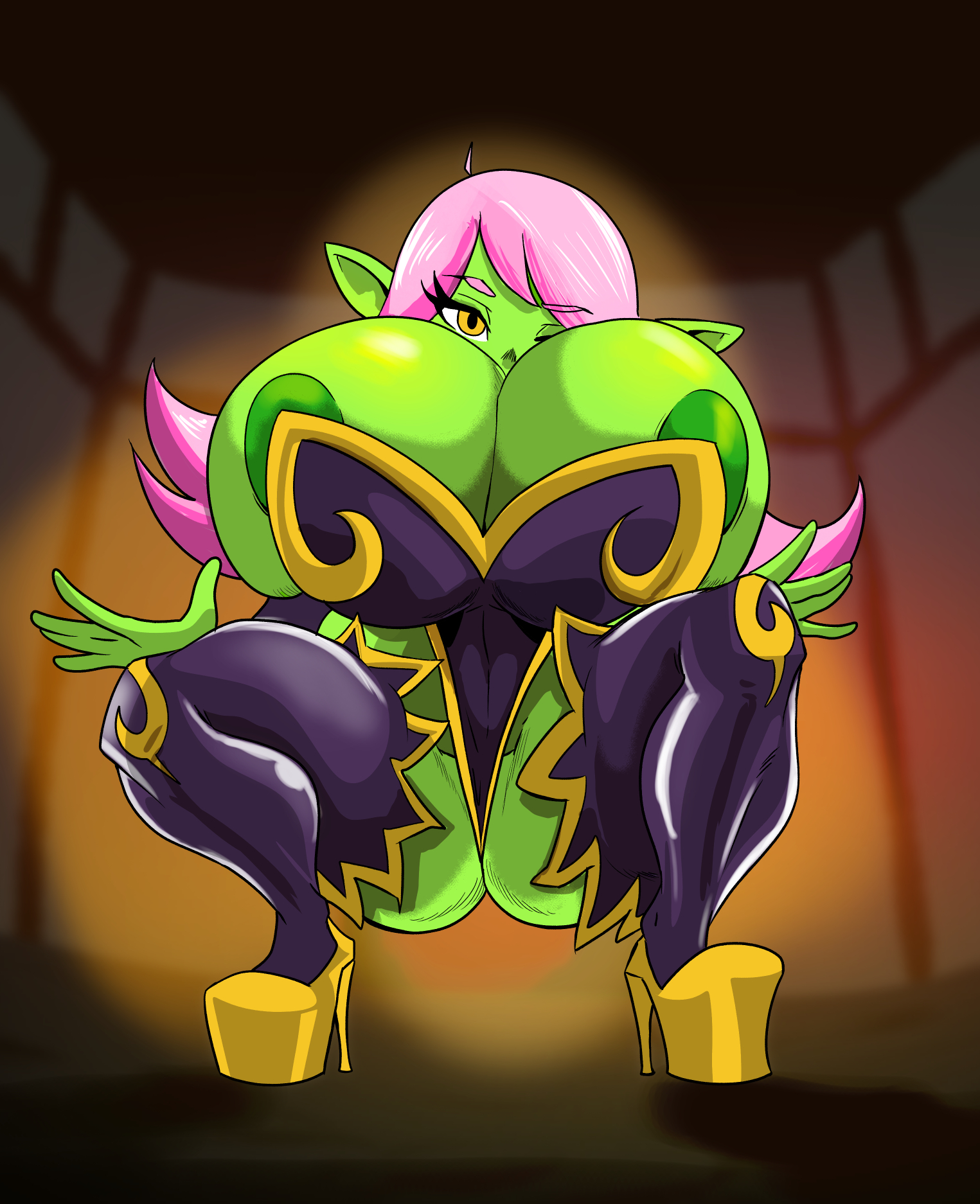 1girls, areola, areola slip, areolae, breasts, dart (thecon), female, goblin, goblin female, green skin, harorlood, high heels, huge breasts, pink hair, pointy ears, shortstack, squatting, thick thighs, voluptuous, wink, winking
