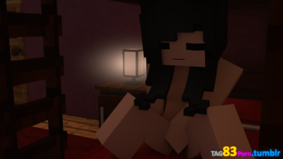 bed bedroom blue_hair closed_eyes hand_on_pussy itsfunneh masturbation minecraft nightstand nude_female smile