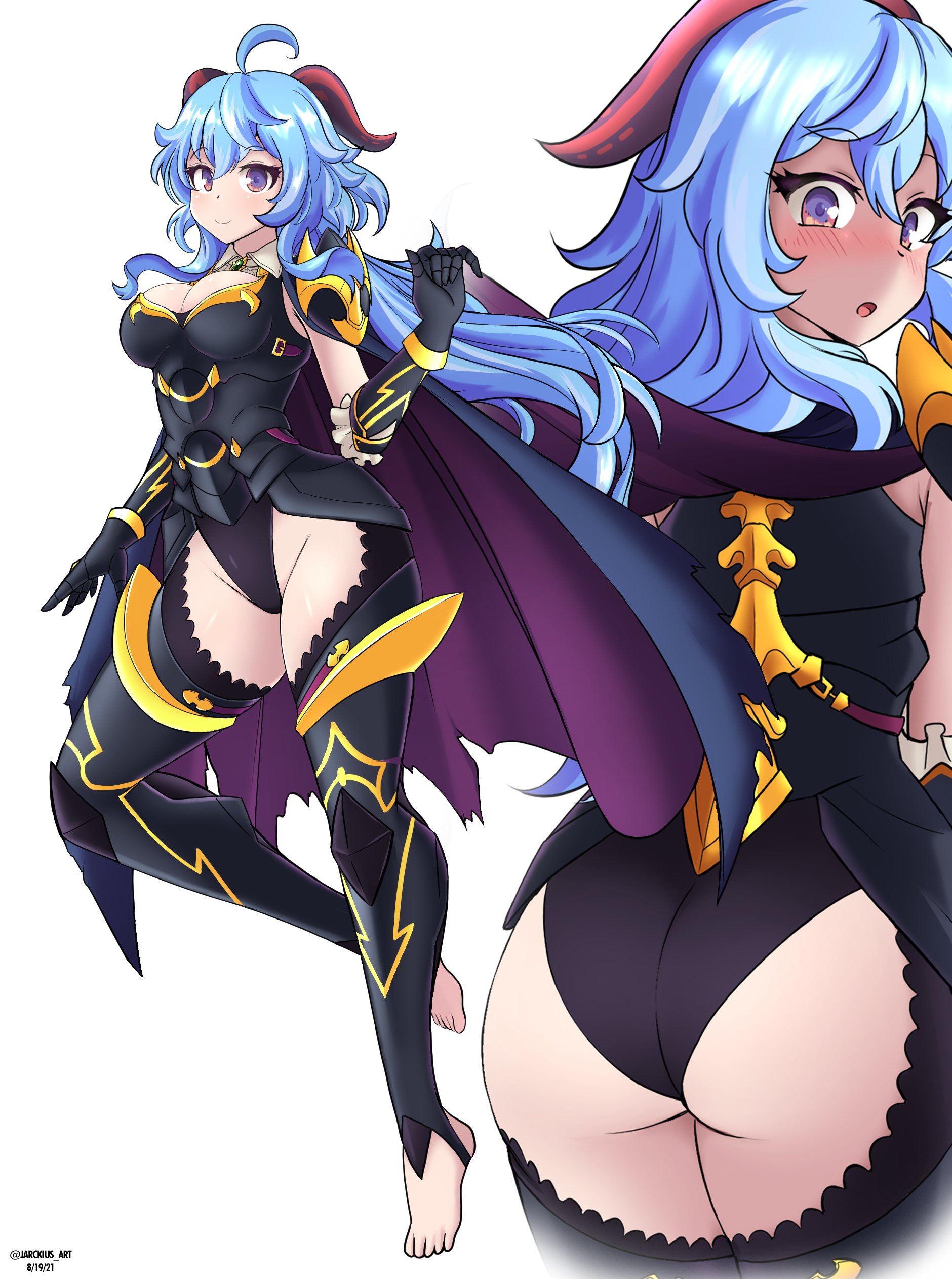 1girls, alternate costume, ass, ass focus, bare thighs, black panties, blue hair, breasts, cape, cleavage, corrin (fire emblem) (cosplay), cosplay, crossover, female, fire emblem, fire emblem fates, ganyu (genshin impact), genshin impact, horns, inner thighs, jarckius, large ass, long hair, looking at viewer, looking back, medium breasts, nintendo, panties, purple eyes, smile, solo, torn clothes