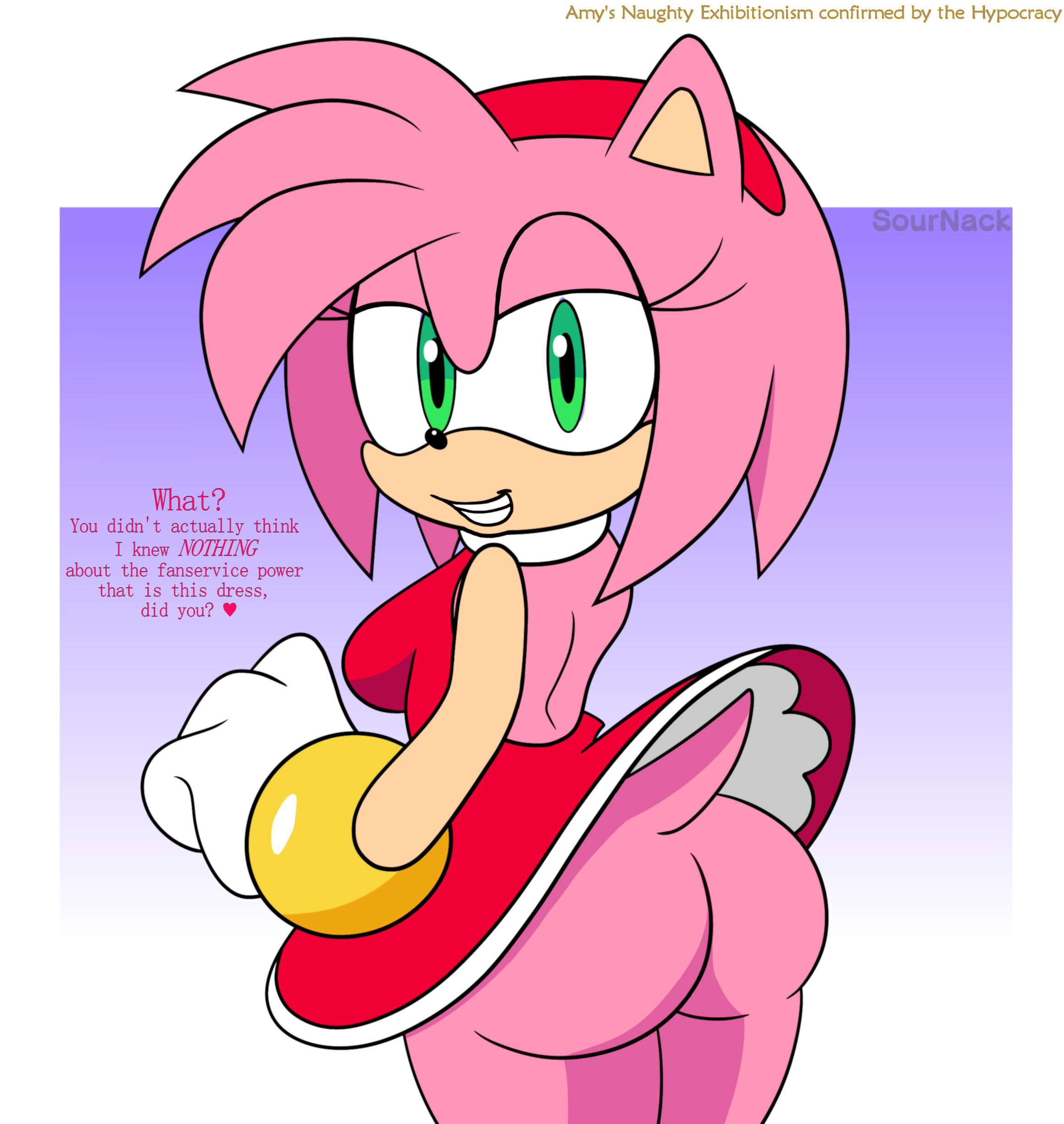 1girls, amy rose, anthro, ass, bottomless, bottomless skirt, breasts, butt pose, clothed, clothing, da hypocrat, dialogue, dress, edit, english text, exhibitionism, exposure, eyelashes, female, female only, fur, furry, furry only, gloves, green eyes, hair, hairband, hedgehog, highres, looking at viewer, looking back, mostly clothed, naughty face, no panties, no panties under skirt, pink fur, pink hair, red dress, ring, sega, self exposure, skirt, smile, solo, solo female, sonic (series), sournack, tail, text, thick thighs, upskirt