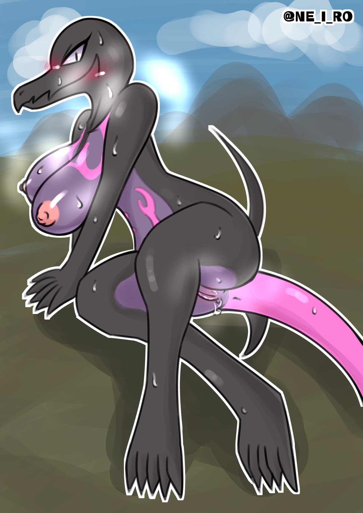 anthro blush bodily_fluids breasts female genitals hi_res looking_at_viewer ne_i_ro nintendo nude pokémon_(species) pokemon pokemon_(species) pussy reptile salazzle scalie solo video_games