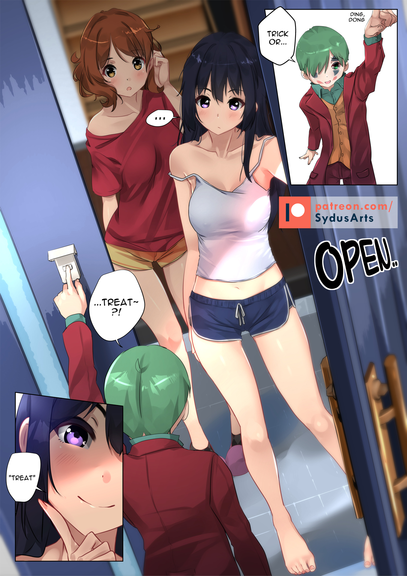 1boy, 2girls, ara ara, bare shoulders, blush, female, hibike! euphonium, hot pants, kousaka reina, long hair, male, open mouth, oumae kumiko, purple eyes, purple hair, ringing bell, sydus, tagme, thigh gap, trick or treat