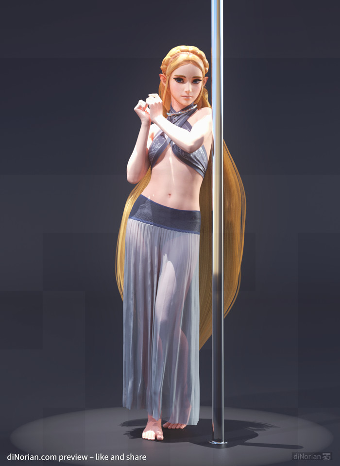 3d, absurdly long hair, barefoot, blonde hair, bondage, braided hair, breath of the wild, criss-cross halter, dinorian, elf ears, female, female only, harem girl, harem outfit, light skin, light-skinned female, long dress, long hair, long skirt, panties, pointy ears, pole, pole dancer, princess zelda, see-through, see-through clothing, slave, slave collar, slave girl, solo, standing, stripper pole, the legend of zelda, very long hair, zelda (breath of the wild)