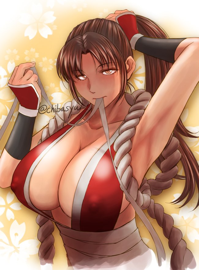 armpits arms_up big_breasts blushing breasts brown_hair busty chiba_shuusaku cleavage embarrassed erect_nipples fatal_fury hourglass_figure king_of_fighters kunoichi large_breasts long_hair mai_shiranui ninja nipple_bulge ponytail sideboob snk tagme