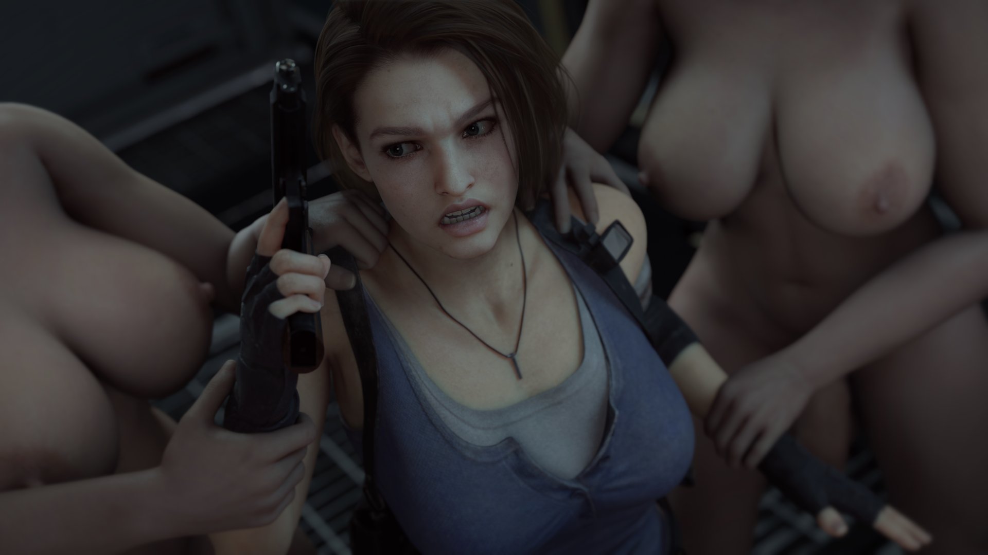 1girls, 2futas, 3d, areolae, big breasts, blender, bluelight, breasts, erection, female, futa on female, futanari, imminent sex, intersex, jill valentine, jill valentine (sasha zotova), large breasts, light skin, light-skinned female, nipples, penis, resident evil, resident evil 3, resident evil 3 remake