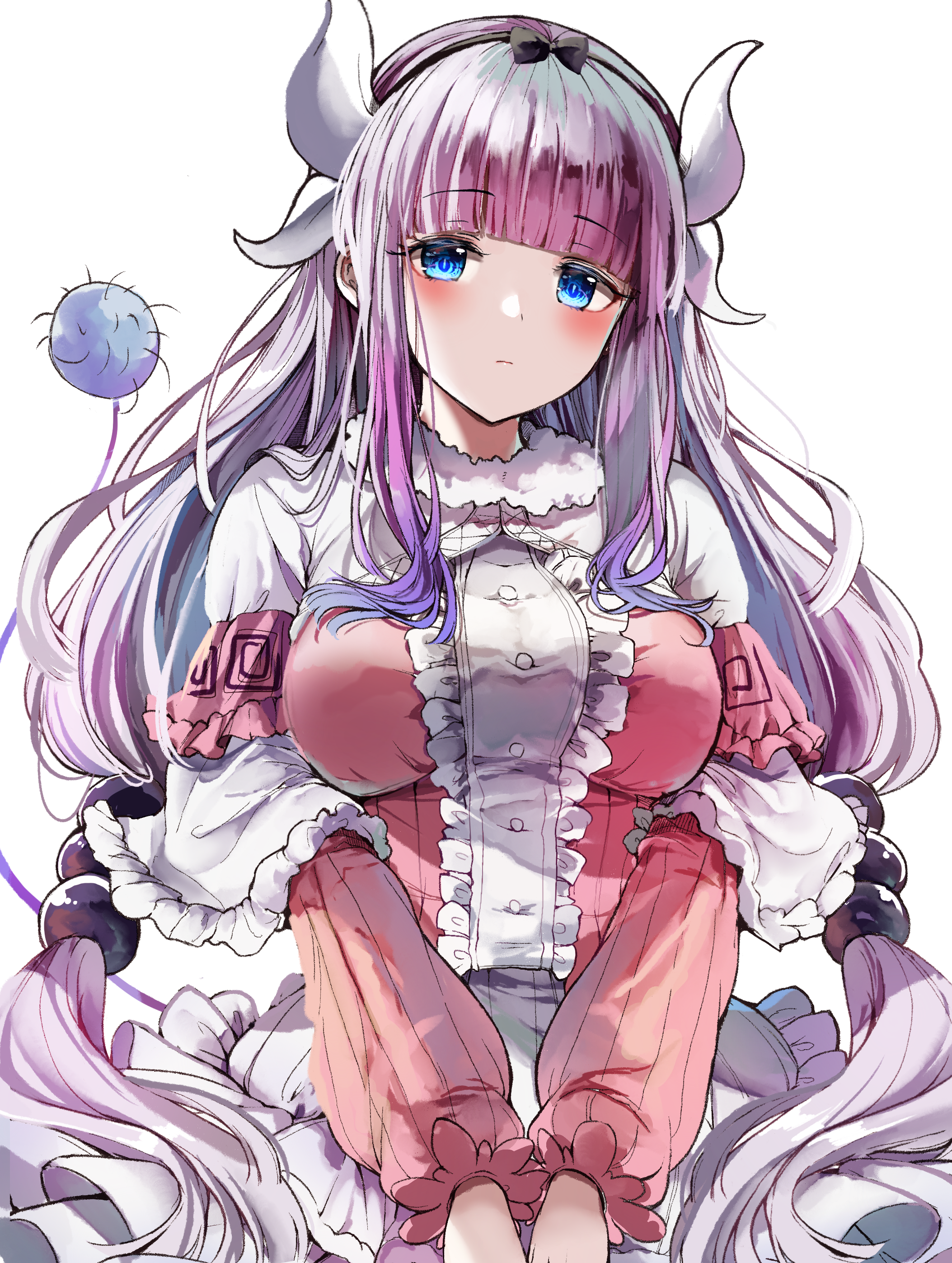 1girls, adult, aged up, big breasts, blue eyes, breasts, clothed, dragon girl, dress, female, horns, kanna kamui, mimmi sak, miss kobayashi's dragon maid, pink hair, purple hair, tight clothing, white hair