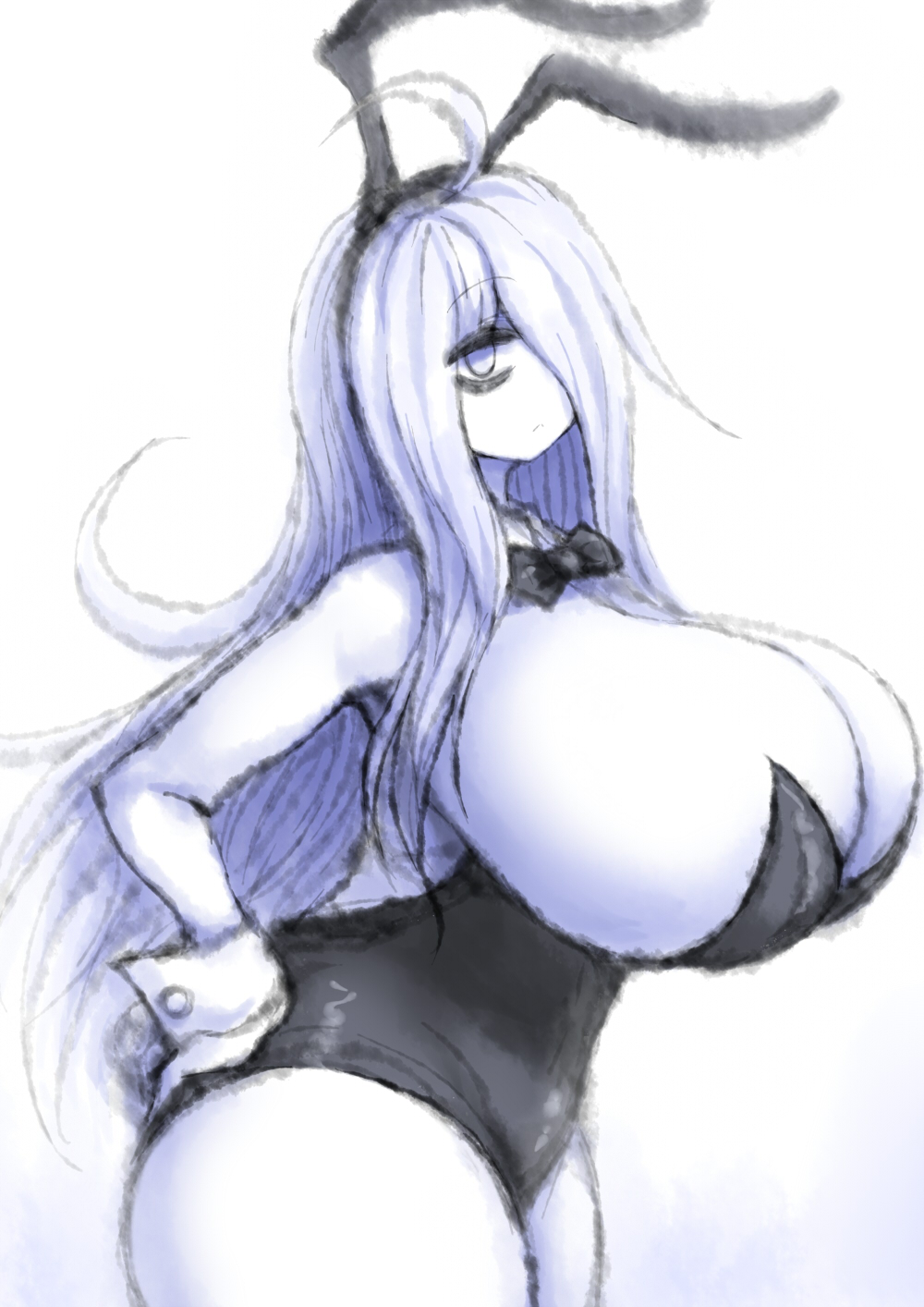 2b213, bowtie, breasts, bunny ears, bunnysuit, cleavage, cleavage overflow, eye bags, female, hair over one eye, hand on hip, huge breasts, human, long hair, mei (2b213), solo, thick thighs, white hair, wide hips