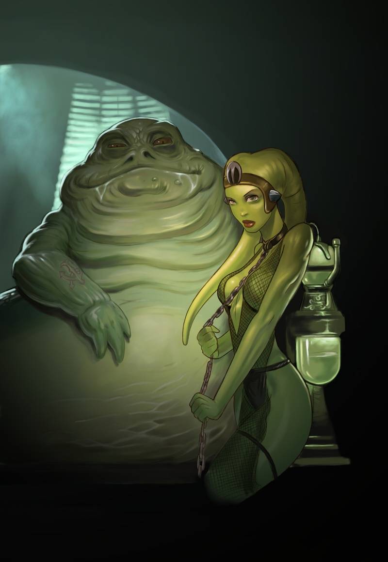 1boy, 1girls, alien, alien girl, background, bodysuit, breasts, brown eyes, chain leash, chains, dancer, dancer outfit, darthdifa, domination, duo, female, femsub, fishnet, fishnet bodysuit, fishnets, forced, green skin, harem girl, harem outfit, headgear, holding leash, holding object, hutt, jabba the hutt, jabba's palace, large breasts, leash, looking at viewer, male, maledom, oola, return of the jedi, slave, slave collar, slave girl, slave outfit, standing, star wars, submissive, throne room, twi'lek