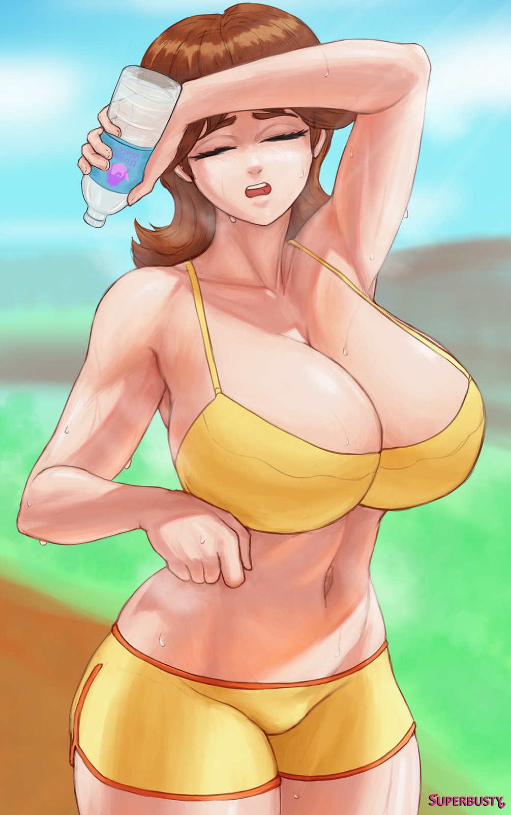 1girls, 2020s, 2021, alternate breast size, arm up, armpits, big breasts, bra, breasts, brown hair, busty, cleavage, day, dolphin shorts, exhausted, exposed belly, eyes closed, female, female only, fully clothed, grass, huge breasts, large breasts, mario (series), medium hair, navel, nintendo, outdoors, princess daisy, shiny hair, shiny skin, short hair, shorts, side slit, solo, solo female, superbusty, sweat, sweaty face, sweaty legs, thick thighs, tomboy, two-tone bottomwear, voluptuous, water, water bottle, watermark, wide hips, yellow bra
