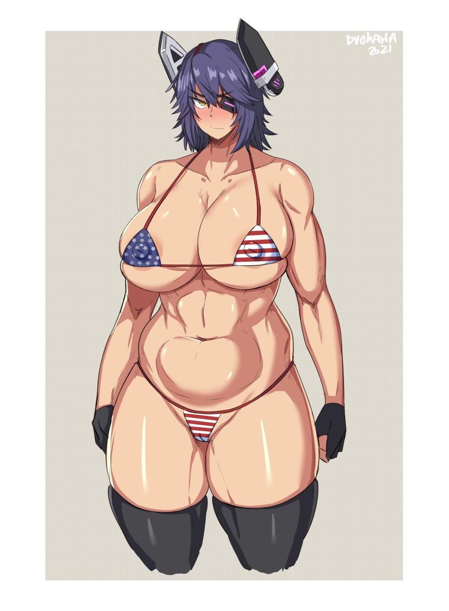 american flag bikini, blush, duo kawa, eyepatch, female, gloves, kantai collection, nipples visible through clothing, purple hair, short hair, solo, tagme, tenryuu (kantai collection), thick thighs, voluptuous