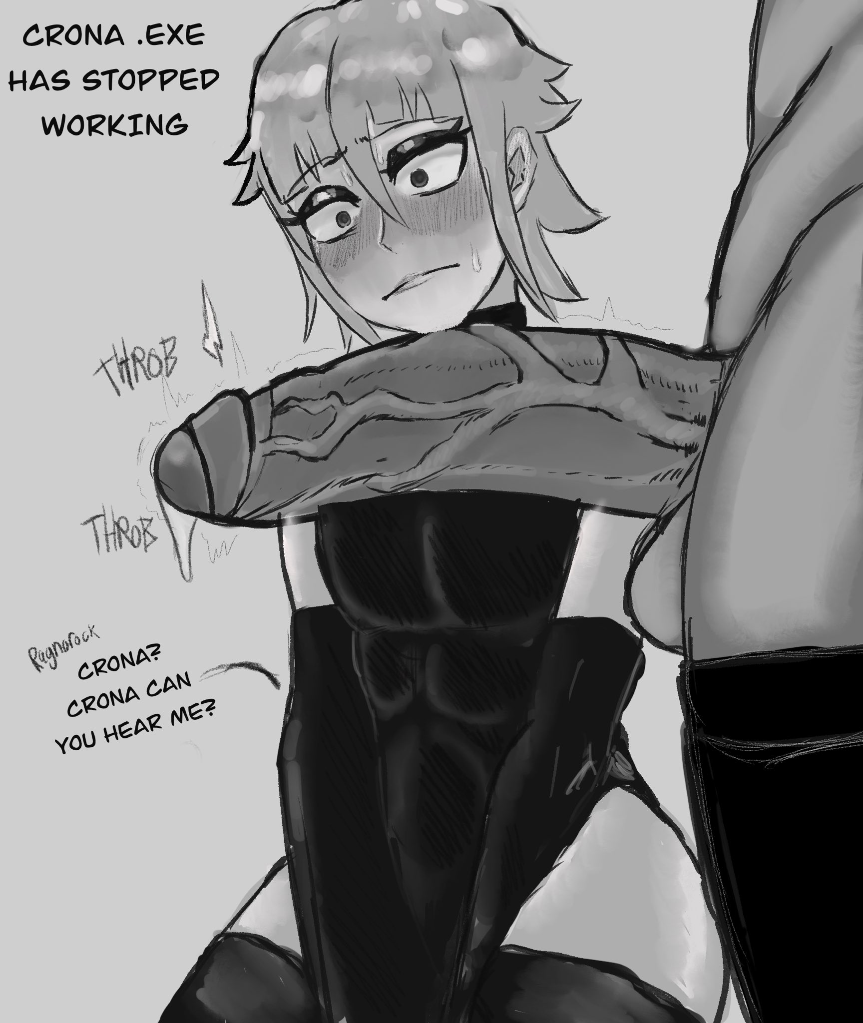 1boy, abs, big penis, black and white, black gloves, black thighhighs, blush, blushing, blushing profusely, crona (soul eater), femboy, flushed, flushed face, foreskin, gay, girly, goth, light skin, light-skinned femboy, light-skinned male, makeup, male, mobi mobi, penis, penis awe, ragnarok (demon sword), scared, shaved crotch, soul eater, sweatdrop, throbbing, throbbing penis, trap, uncircumcised, yaoi