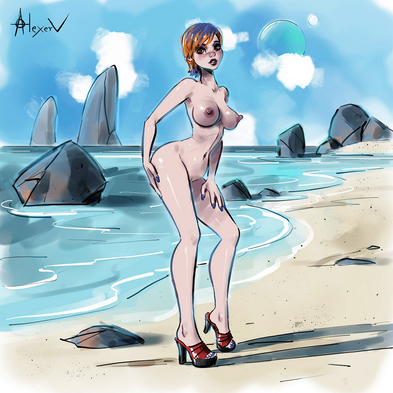 alexeyv beach blush brown_eyes curvy erect_nipples fit_female high_heels large_breasts multicolored_hair naked nude nude_female open_toe_shoes orange_hair outdoors purple_hair sabine_wren scars seaside star_wars star_wars_rebels voluptuous