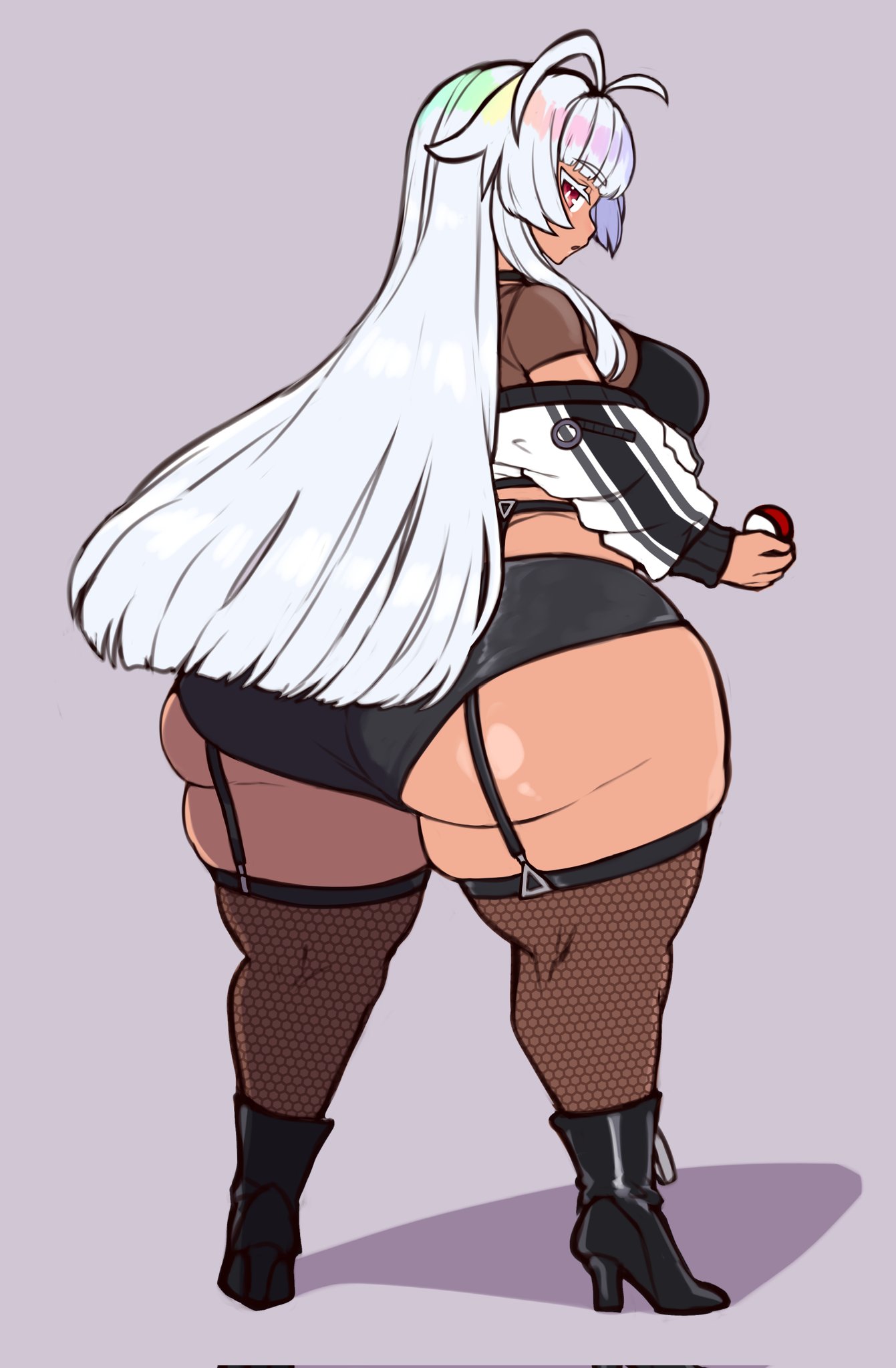 alter minari (jojoniumart), ass, big ass, big legs, breasts, clothing, fat ass, female, female only, fishnets, huge ass, huge butt, jojoniumart, looking back, thick thighs, white hair