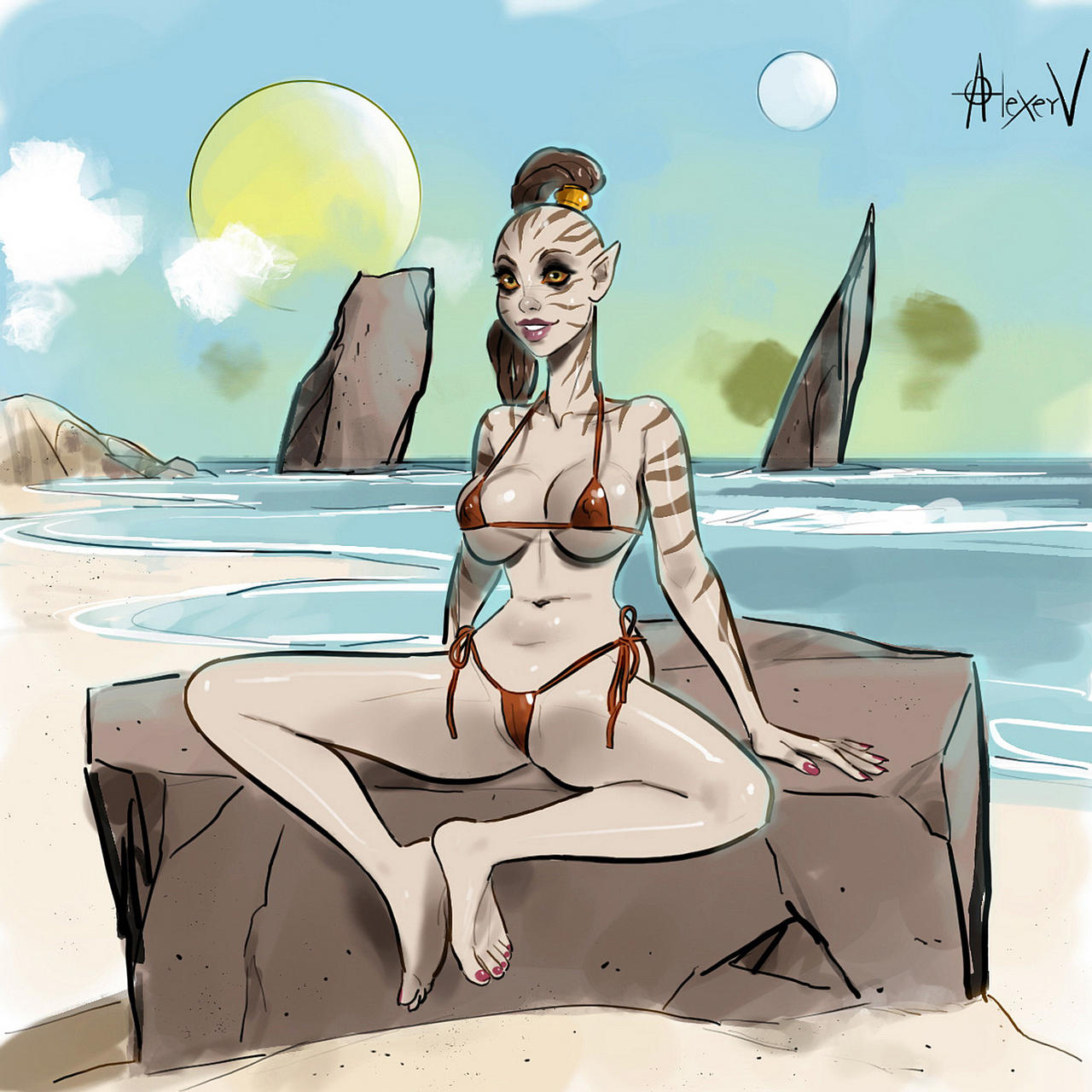 1girls alexeyv amber_eyes beach catgirl cathar hourglass_figure juhani large_breasts micro_bikini pointy_ears ponytail sitting_on_rock star_wars stripes voluptuous wet