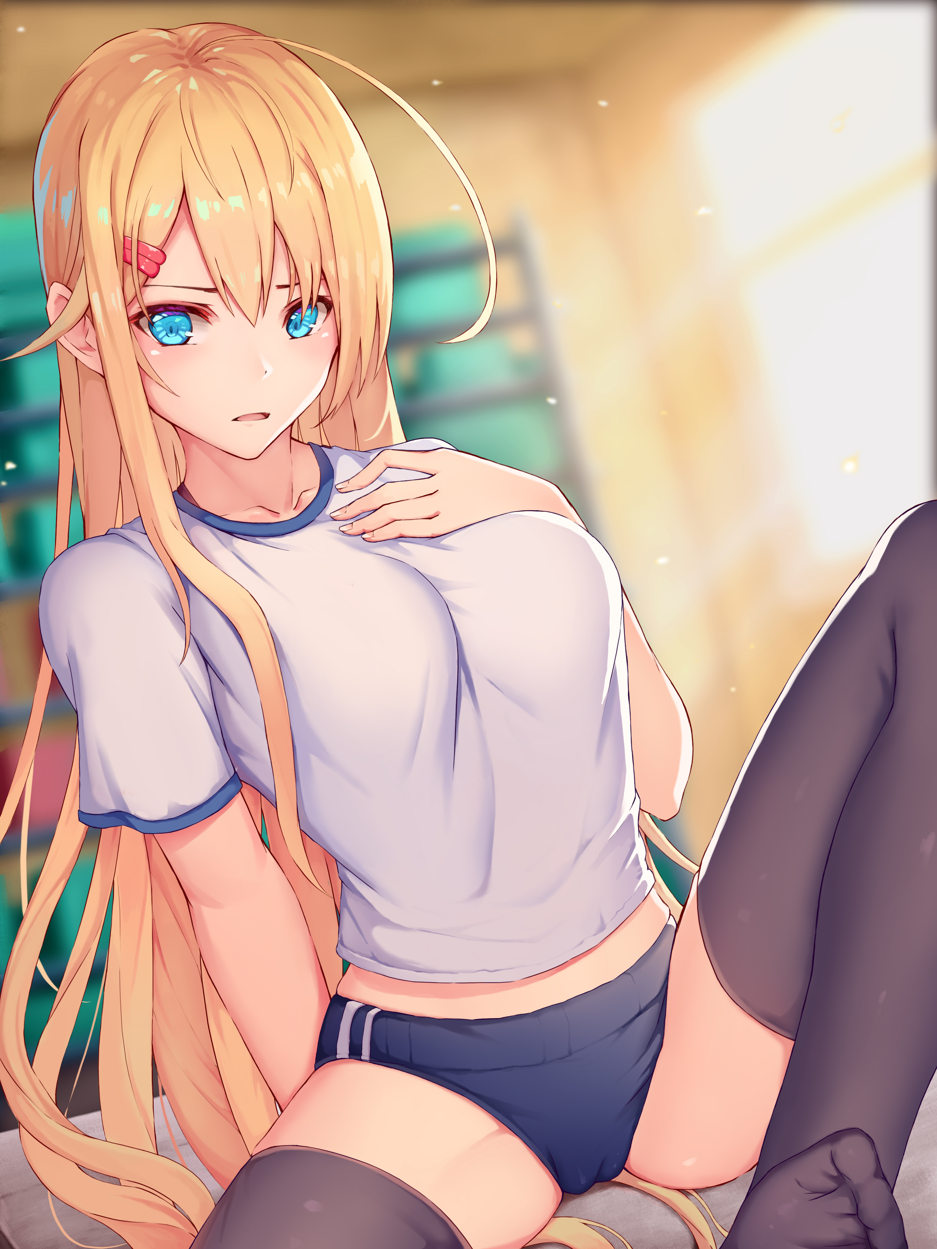 ahoge, black legwear, blonde hair, blue buruma, blue eyes, blurry, blurry background, breasts, buruma, cameltoe, female, fingernails, gym, gym uniform, hair ornament, hairpin, hand on chest, hand on own chest, high resolution, jewelry, long hair, medium breasts, nail, original, parted lips, pussy, rafael-m, shirt, short sleeves, solo, sportswear, tagme, thighhighs, uniform, very high resolution, white shirt