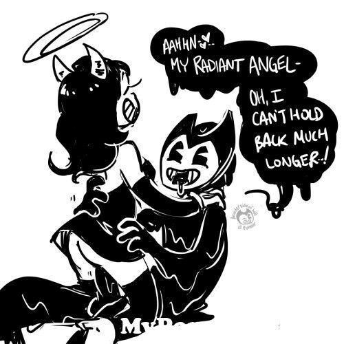 1boy, 1girls, alice angel, bendy and the ink machine, cheating girlfriend, english, english text, female, holding hips, lewdersideofhell, male, male/female, pussy, riding, sammy lawrence, speech bubble, vaginal penetration