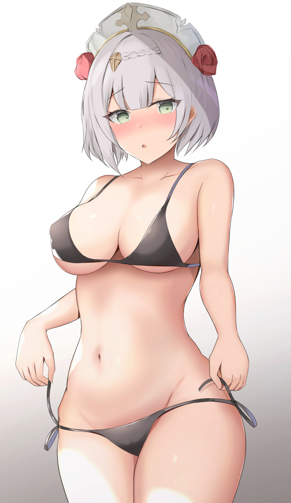 1girls, 2020, bare shoulders, belly, bikini, bikini bottom, bikini bottom removed, bikini bottom untied, bikini top, black bikini, black bikini bottom, black bikini top, blush, breasts, collarbone, eyebrows visible through hair, eyelashes, female, female focus, female only, genshin impact, gradient background, green eyes, hair ornament, houraku, navel, noelle (genshin impact), open mouth, short hair, simple background, solo, solo female, solo focus, standing