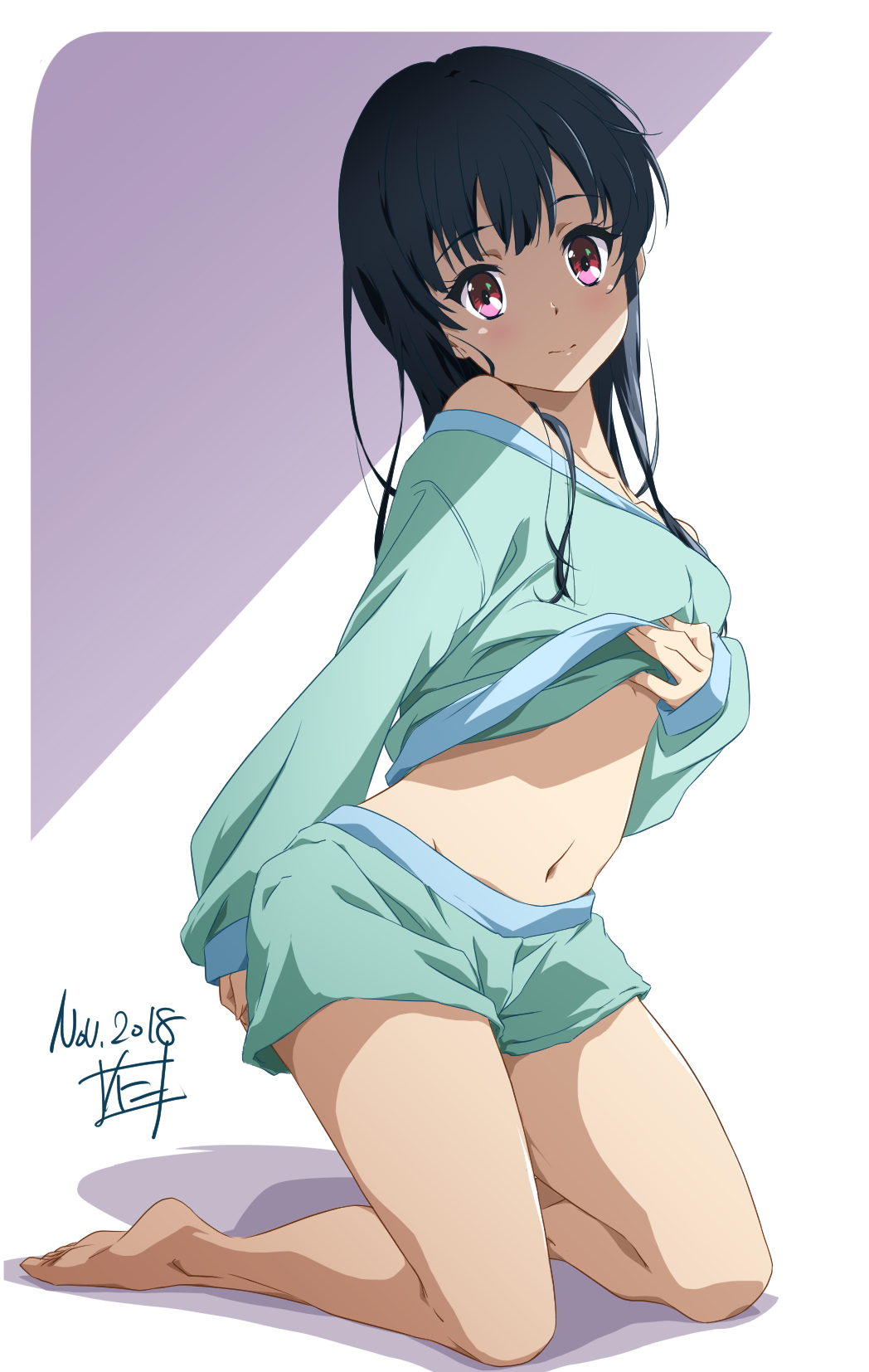 2018 bare_legs barefoot clothes_pull clothing dated feet female female_only full_body green_shorts green_sweater grey_hair head_tilt hibike!_euphonium high_resolution kneeling legs lifted_by_self liz_to_aoi_tori long_hair long_sleeves looking_at_viewer midriff navel nii_manabu pajamas_lift purple_eyes shadow short_shorts shorts signature smile soles solo stomach sweater sweater_lift tagme yoroizuka_mizore