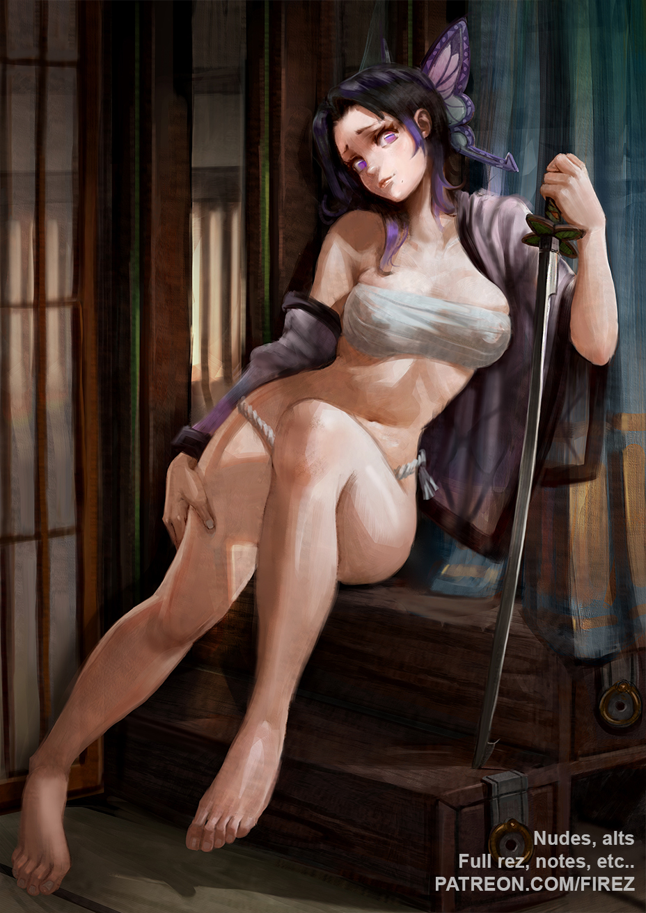 1girls, bandeau, barefoot, black hair, butterfly hair ornament, demon slayer, detailed background, female, female only, firez, fundoshi, haori, kimetsu no yaiba, kochou shinobu, looking at viewer, painting (artwork), purple eyes, purple hair, purple-haired female, sarashi, solo, sword, two-tone hair, wide hips