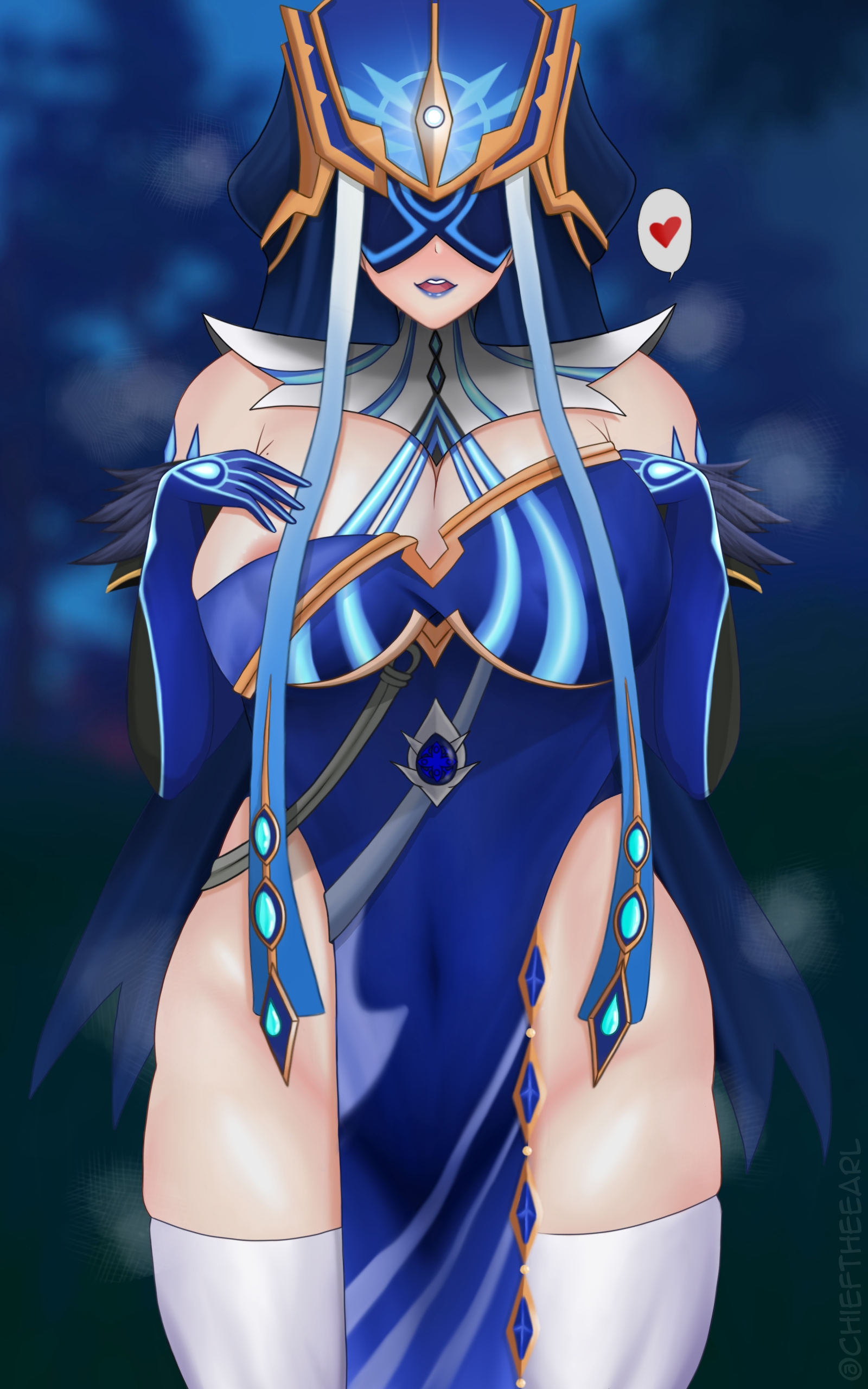 blush, chieftheearl, fatui mirror maiden (genshin impact), female, female only, genshin impact, shiny skin, simple background, spoken heart, steam