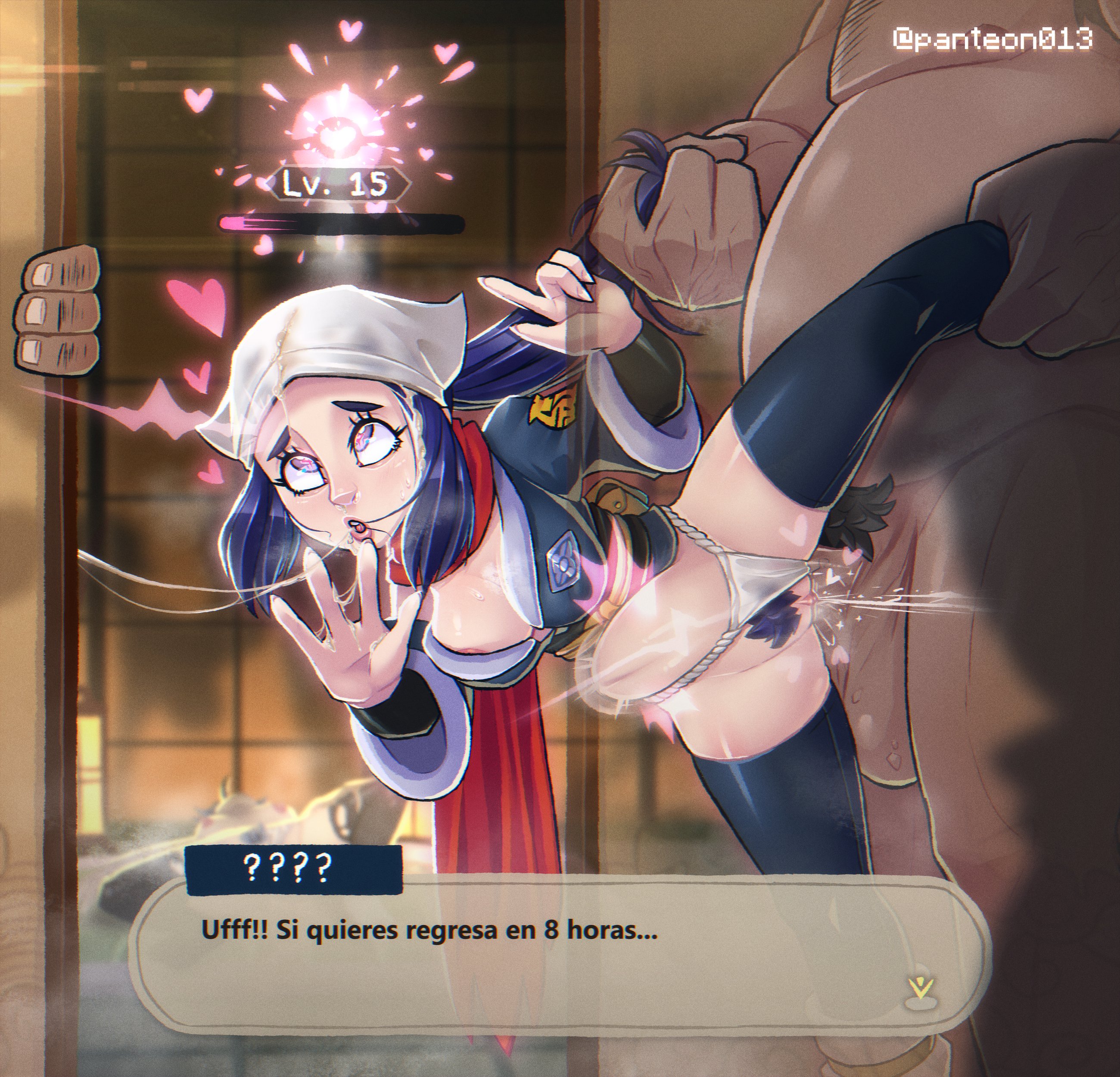 1girls, 2boys, ahe gao, akari (pokemon), blue hair, duplicate, fat male, female, female focus, female protagonist, heart-shaped pupils, huge cock, impregnation, large penis, looking at viewer, male, panteon013, penis, pokemon, pokemon legends: arceus