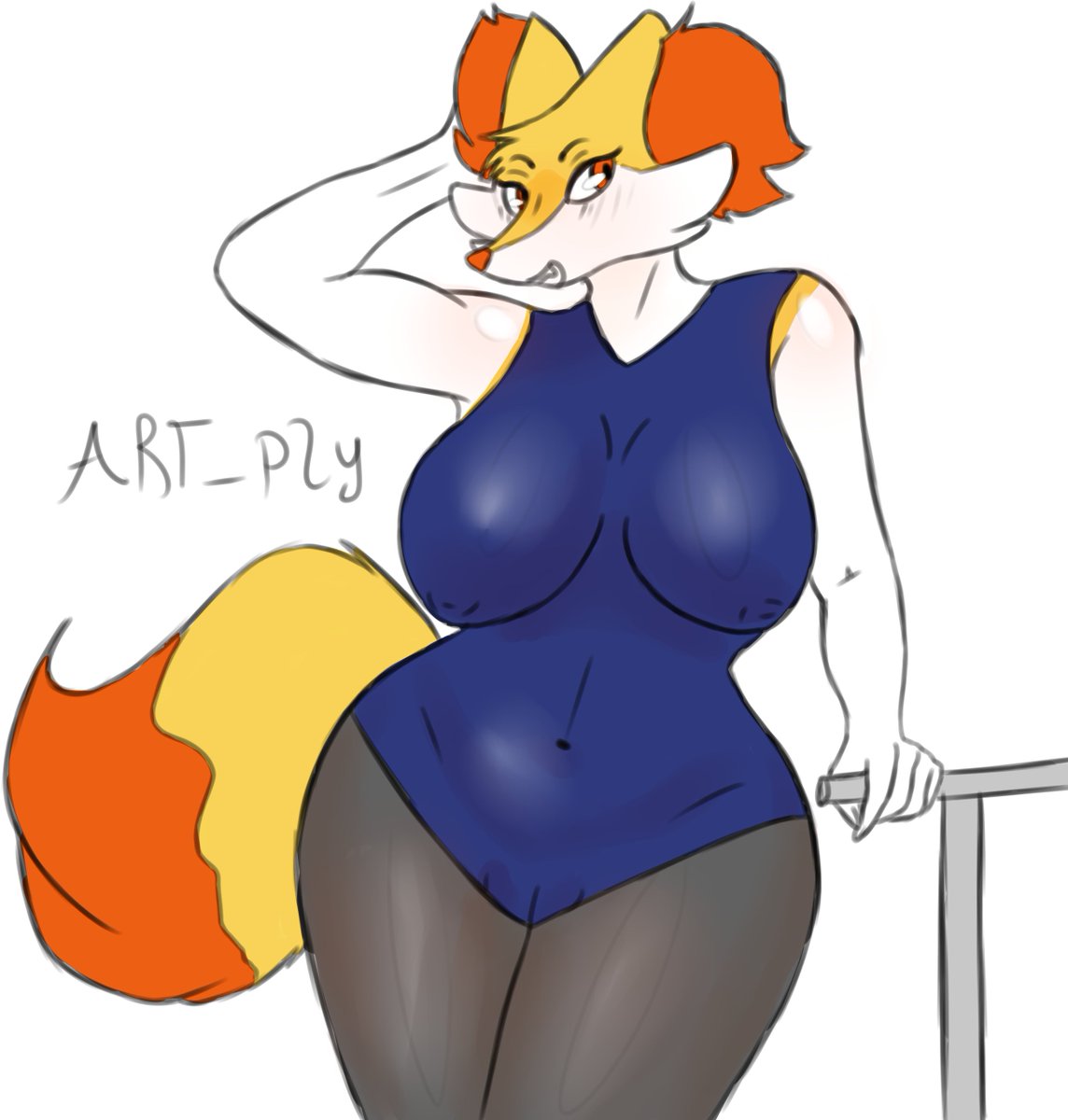 anthro artply big_breasts braixen breasts clothing female hi_res navel nintendo nipples one-piece_swimsuit orange_eyes pokémon_(species) pokemon pokemon_(species) smile solo swimwear translucent video_games wide_hips