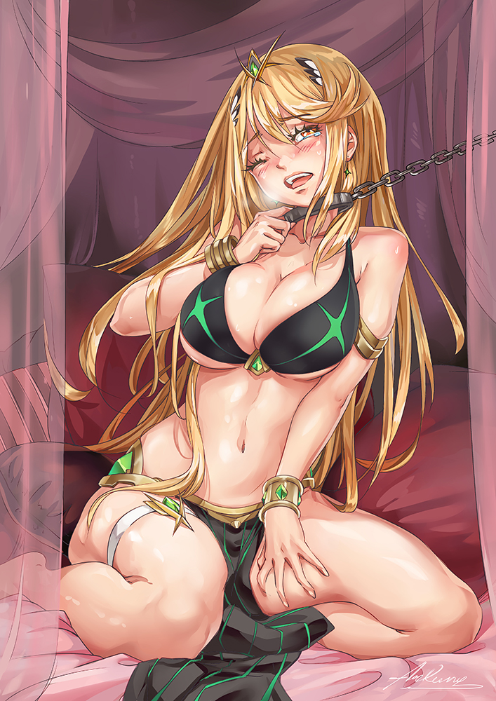 1girls alternate_breast_size amber_eyes arkuny armlet belly_dancer belly_dancer_outfit blonde_hair blush bracelet chain_leash cleavage crying dancer dancer_outfit hair_ornament harem_outfit huge_breasts kneeling leash_pull long_hair mythra nintendo one_eye_closed slave slave_bikini slave_collar slave_leia_(cosplay) slave_outfit slavegirl voluptuous xenoblade_(series) xenoblade_chronicles_2