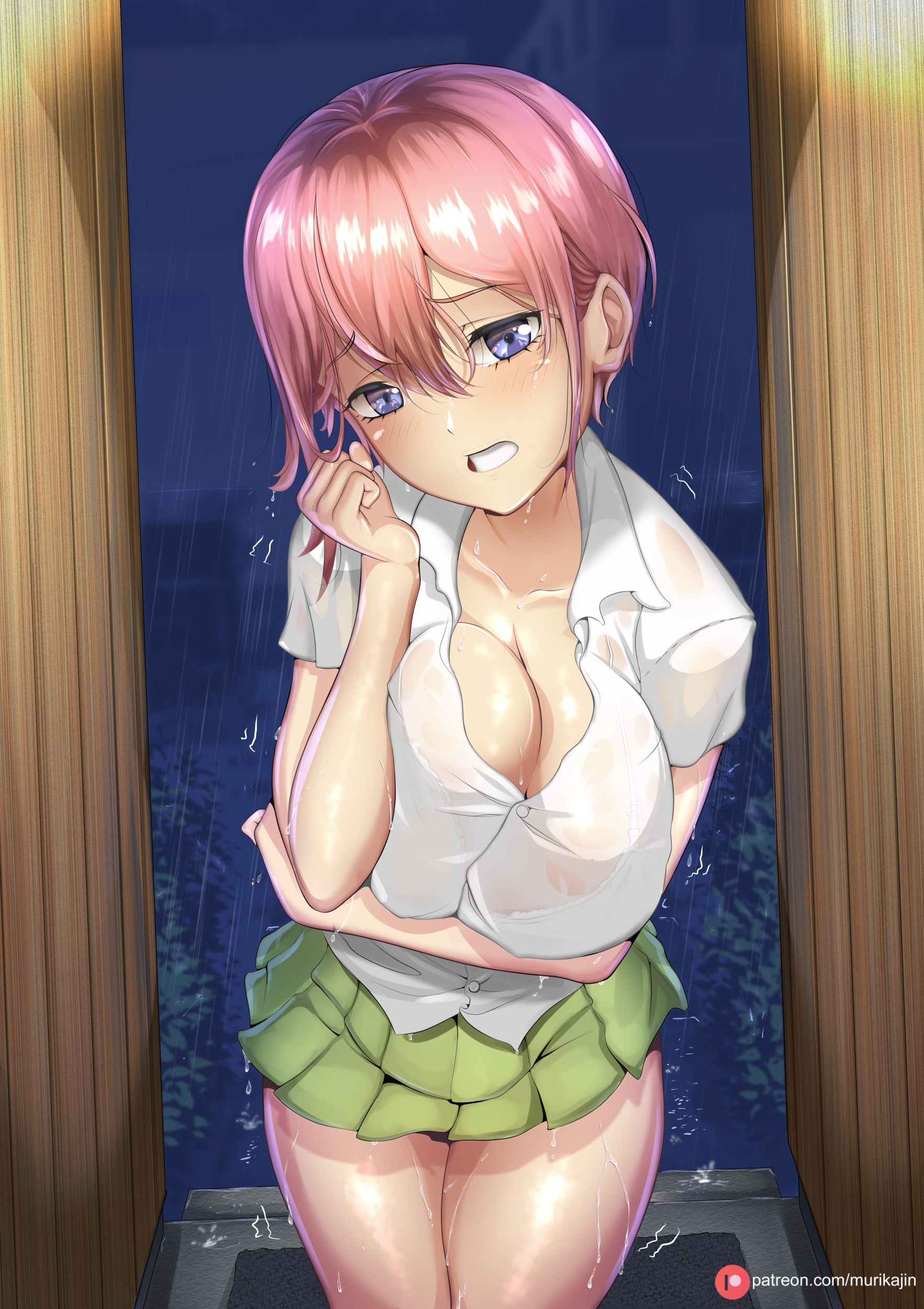 1girls, arm under breasts, big breasts, blue eyes, bra, breasts, busty, cleavage, closed legs, clothed, clothed female, clothing, cold, female, female only, front view, go-toubun no hanayome, hourglass figure, huge breasts, indoors, light skin, light-skinned female, looking at viewer, murikajin, nakano ichika, pink hair, pov, raining, school uniform, schoolgirl, sexually suggestive, shiny, shiny hair, shiny skin, shirt, short hair, sidelocks, skindentation, skirt, soaked, solo, solo female, solo focus, trembling, underwear, very short hair, voluptuous, wet, wet body, wet clothes, wet shirt, wet skin, wide hips