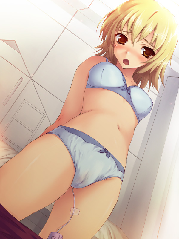 1girls arms_behind_back blonde_hair blue_panties blush bow bow_panties bra brown_eyes cagalli_yula_athha cameltoe discreet_vibrator dutch_angle female female_only gundam gundam_seed lingerie navel open_mouth panties pants_pull short_hair solo tomose_shunsaku underwear underwear_only vibrator vibrator_under_panties wet_panties wet_spot