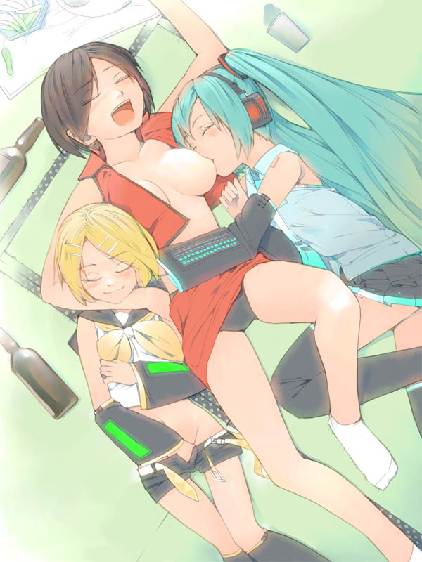 3girls akimbo_(artist) akinbo_(hyouka_fuyou) alcohol blonde_hair blue_hair blush breast_slip breast_sucking breastfeeding breasts brown_hair closed_eyes clothed_masturbation clothing drunk feet female fingering footwear green_hair hand_in_panties hand_in_shorts hatsune_miku kagamine_rin large_breasts long_hair masturbation meiko multiple_girls no_bra one_breast_out open_clothes open_shirt panties pantyshot ribbon shirt short_hair shorts skirt sleeping socks stealth stealth_masturbation stockings sucking thighhighs thighs tied_hair twintails underwear vocaloid yuri