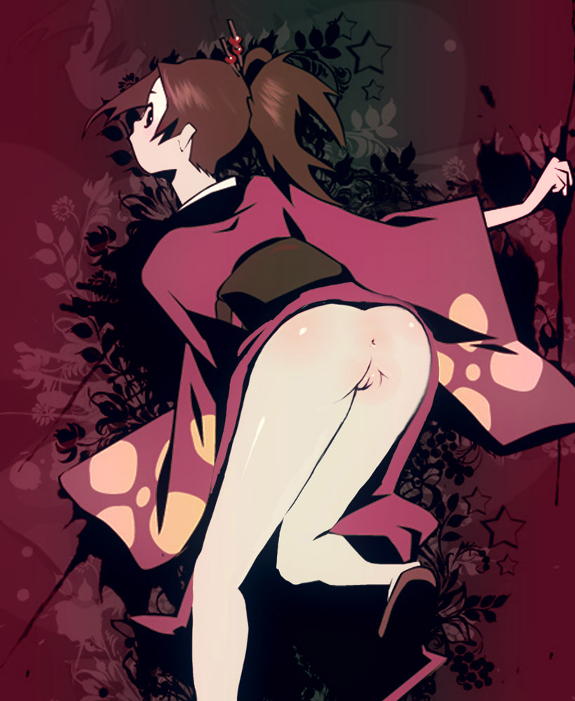 anus ass bent_over brown_hair female fuu japanese_clothes kimono legs looking_back no_panties pussy samurai_champloo solo uncensored