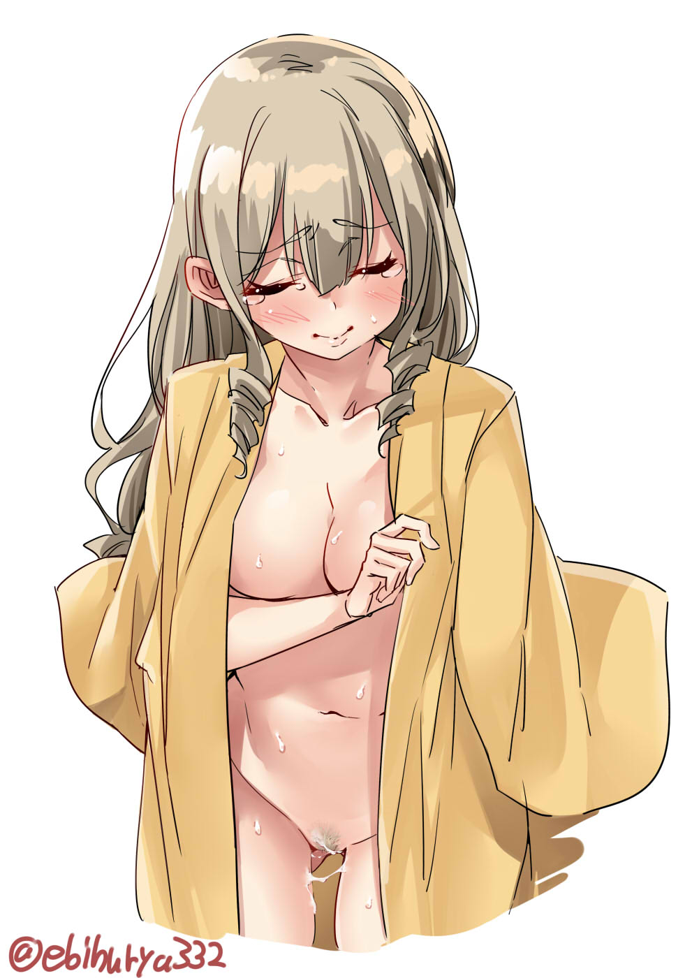 ass_visible_through_thighs blush breasts closed_eyes closed_mouth collarbone cum cum_on_body cum_on_lower_body drill_hair ebifurya eyebrows_visible_through_hair female hatakaze_(kantai_collection) highres japanese_clothes kantai_collection kimono large_breasts light_brown_hair long_hair meiji_schoolgirl_uniform naked_kimono pubic_hair simple_background solo sweat tears twitter_username white_background yellow_kimono