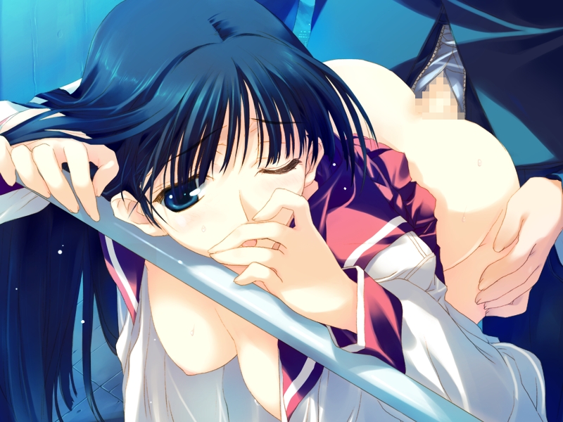 ass ass_grab bent_over blue_eyes blue_hair blush breasts censored clothed_sex clothing doggy_style from_behind game_cg hanging_breasts kusakabe_yuuki long_hair medium_breasts nakamura_takeshi nipples no_bra open_clothes open_mouth open_shirt penis sex shirt sweat to_heart_(series) to_heart_2 to_heart_2_xrated vaginal_penetration wince wink