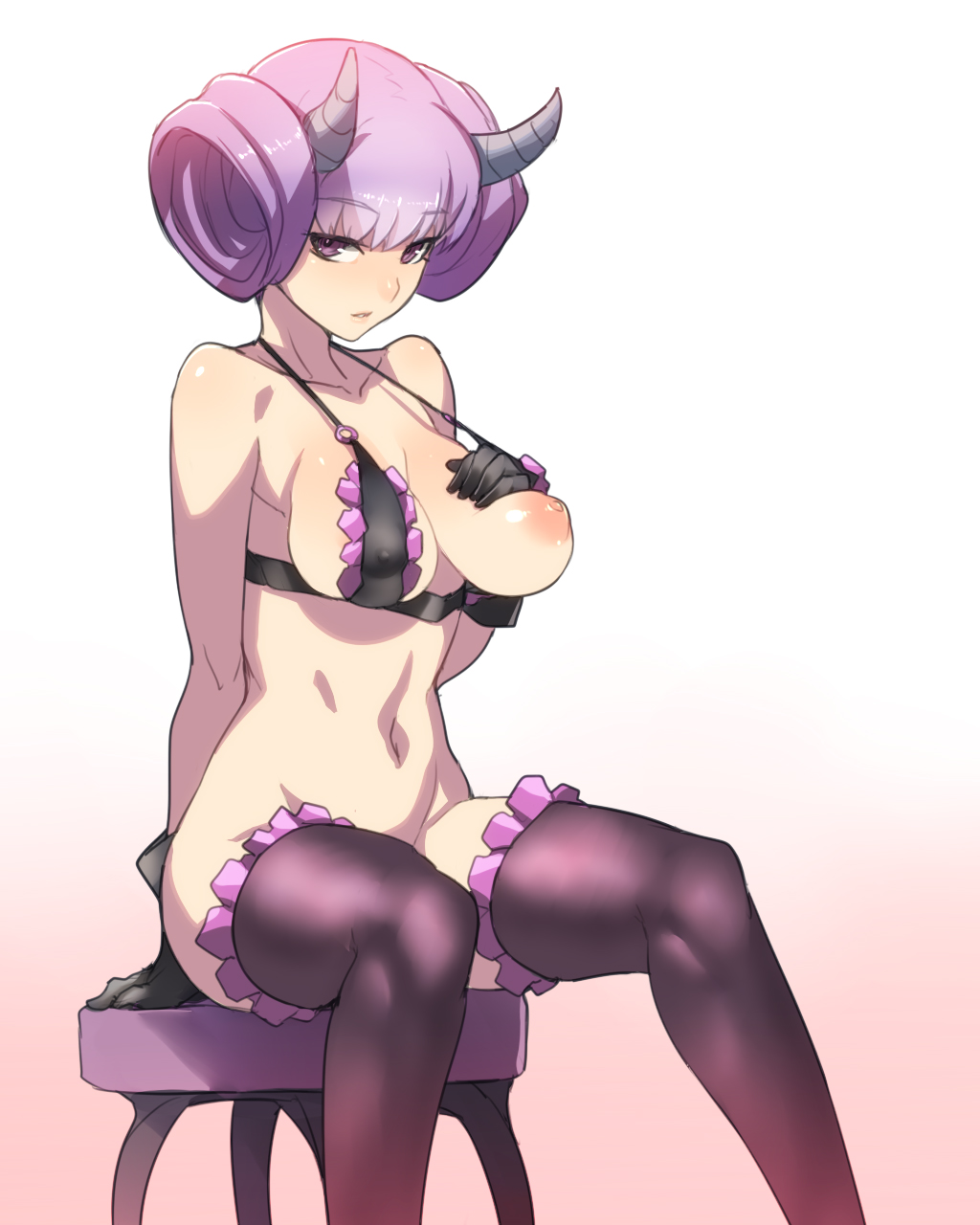 ban bra breasts female gloves horns navel nipples purple_hair sitting solo thighhighs