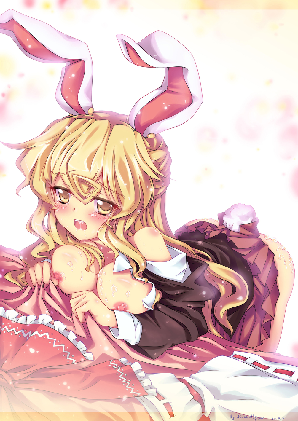 1girls animal_ear breasts bunny_ear bunny_tail cosplay cum cum_on_body cum_on_breasts cum_on_upper_body female highres marisa_kirisame new_super_marisa_land nipples north_abyssor reisen_udongein_inaba reisen_udongein_inaba_(cosplay) solo tail touhou