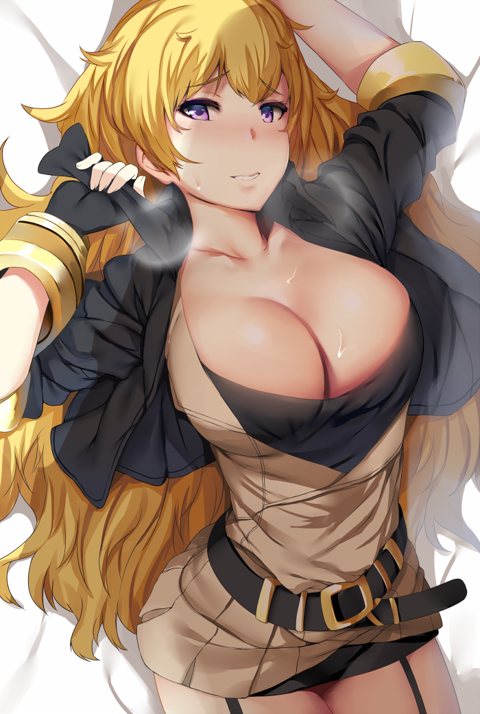 1girls, blonde hair, breasts, cleavage, female, female only, hews hack, large breasts, long hair, rwby, solo, yang xiao long