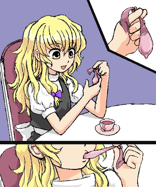 1girls condom condom_in_mouth cum cup cup_of_tea female filled_condom happy holding_condom human light-skinned_female marisa_kirisame no_hat sitting_on_chair smile solo table tea tied_condom touhou used_condom violet_bow white_table witch witch_costume