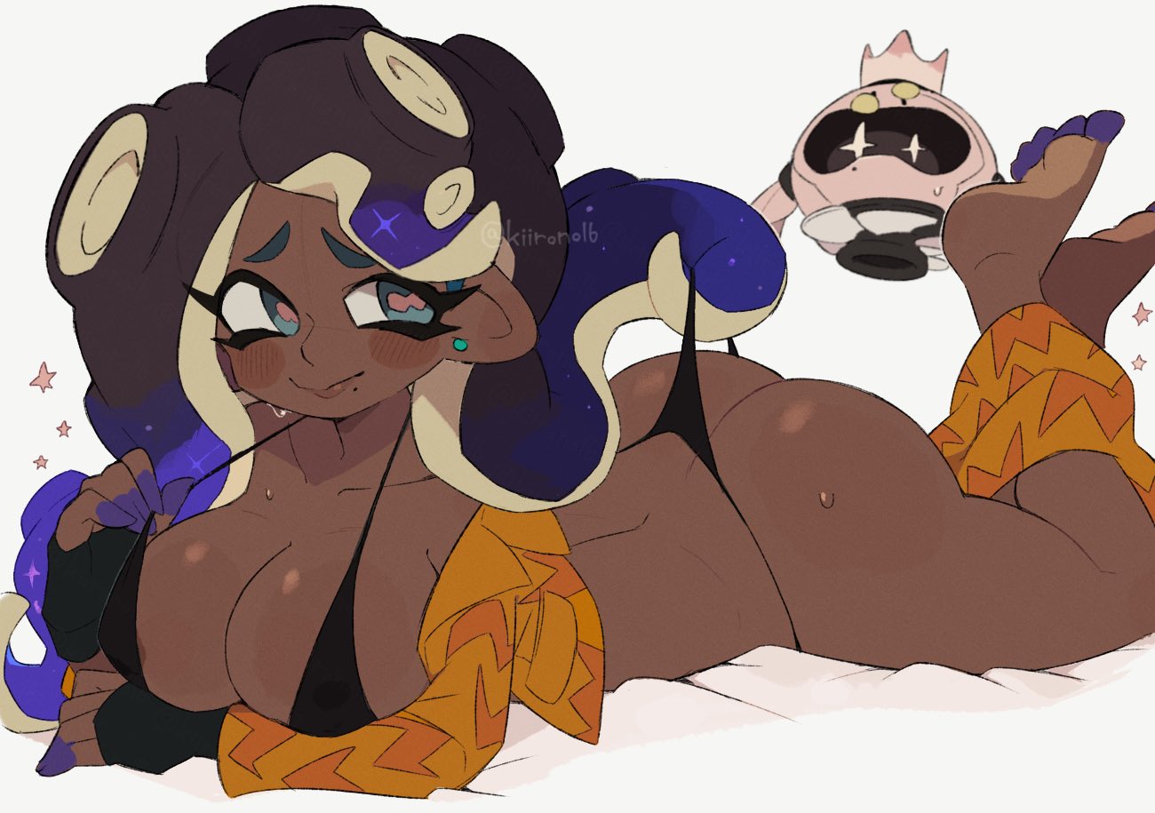 1girls, ass, big ass, big breasts, black bra, black thong, bra, breasts, dark skin, dark-skinned female, digital drawing (artwork), digital media (artwork), drone, feet, feet up, female, female focus, female only, huge ass, huge breasts, jacket, kiirono, laying on stomach, looking at another, looking back, marina (side order), marina (splatoon), nintendo, octoling, off the hook (splatoon), panties, pearl (splatoon), pearl drone (splatoon), splatoon, splatoon (series), splatoon 3, splatoon 3: side order, tentacle, tentacle hair, thong, thong aside, twitter link, white background