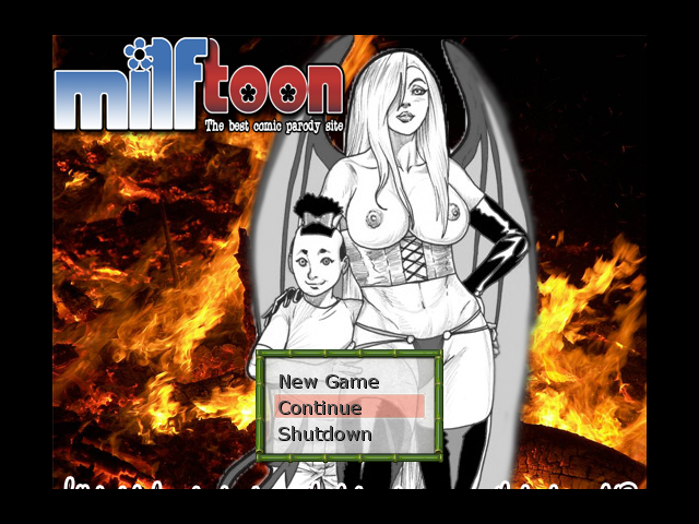 1boy breasts corset demon_girl demon_wings elbow_gloves female fire fuk_yu gloves hair_over_one_eye hand_on_own_hip large_breasts long_hair male milf milftoon_adventure monochrome navel nipples parody succubus succubus_(milftoon_adventure) thighhighs underwear wings