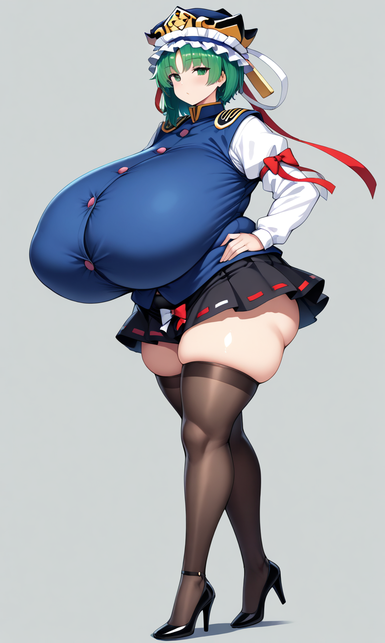 1girls 2d ai_generated big_breasts blush breasts clothed clothed_female eiki_shiki female female_only green_eyes green_hair hat hips looking_at_viewer shirt short_hair shy skirt solo solo_female solo_focus stockings thick_thighs thighhighs thighs touhou vest wide_hips