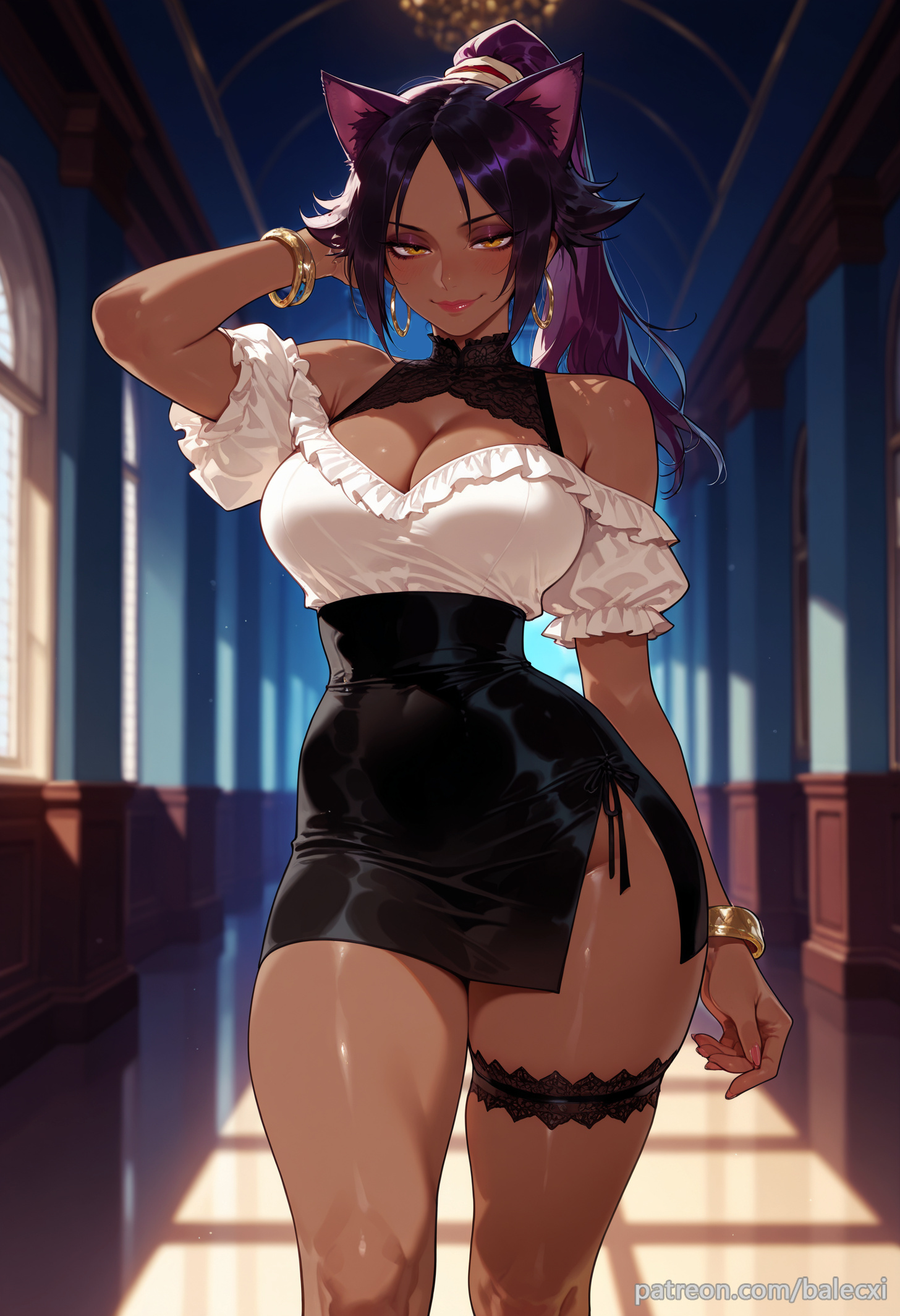 ai generated, animal ears, arm up, balecxi, bare shoulders, black skirt, bleach, bracelet, breasts, cat ears, cleavage, clothing cutout, dark skin, earrings, female, frills, high-waist skirt, hoop earrings, indoors, jewelry, large breasts, long hair, looking at viewer, off shoulder, off-shoulder shirt, patreon username, pencil skirt, ponytail, purple hair, shihouin yoruichi, short sleeves, side slit, smile, solo, thigh strap, thighs, white shirt, yellow eyes