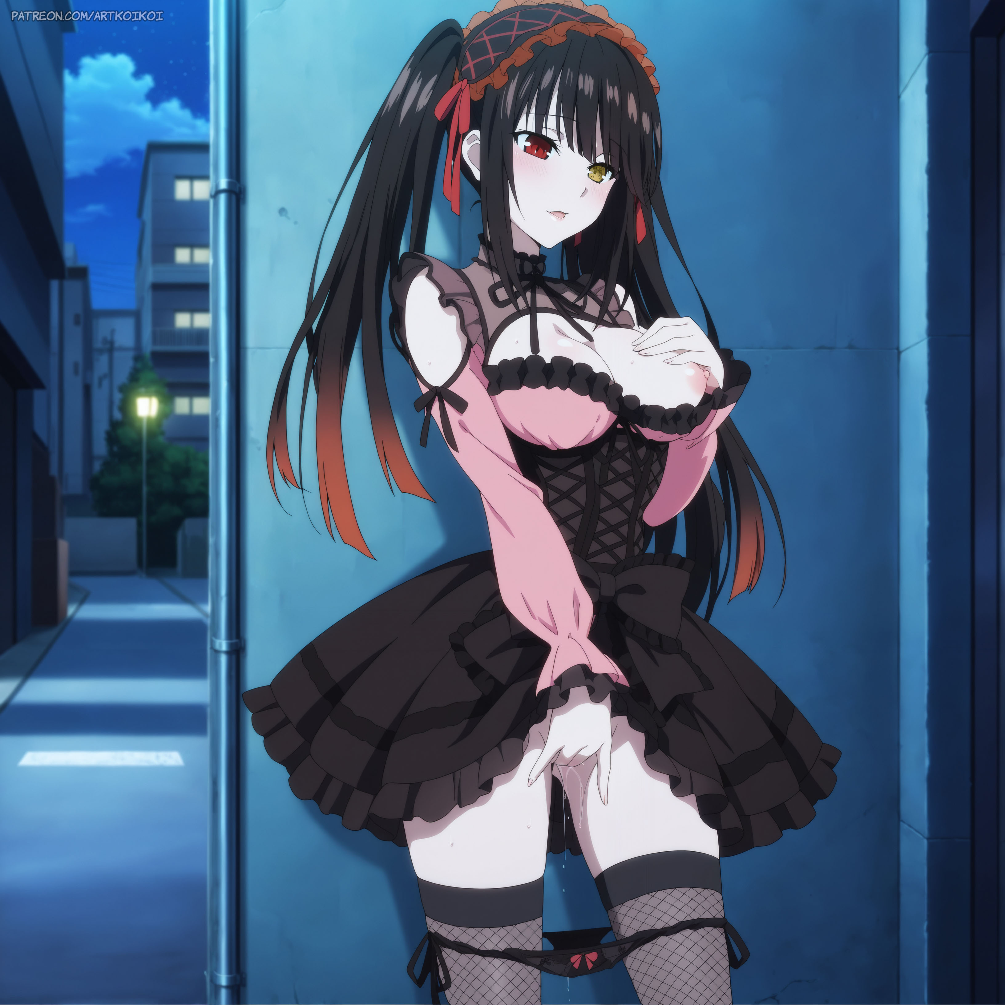 1girls, ai generated, artkoikoi, black hair, breasts, date a live, duplicate, female, female masturbation, fingering, heterochromia, koikoi, masturbation, night, nipples, one breast out, outdoors, panties, panties down, pussy, skirt, solo, standing masturbation, thighhighs, tokisaki kurumi, white skin