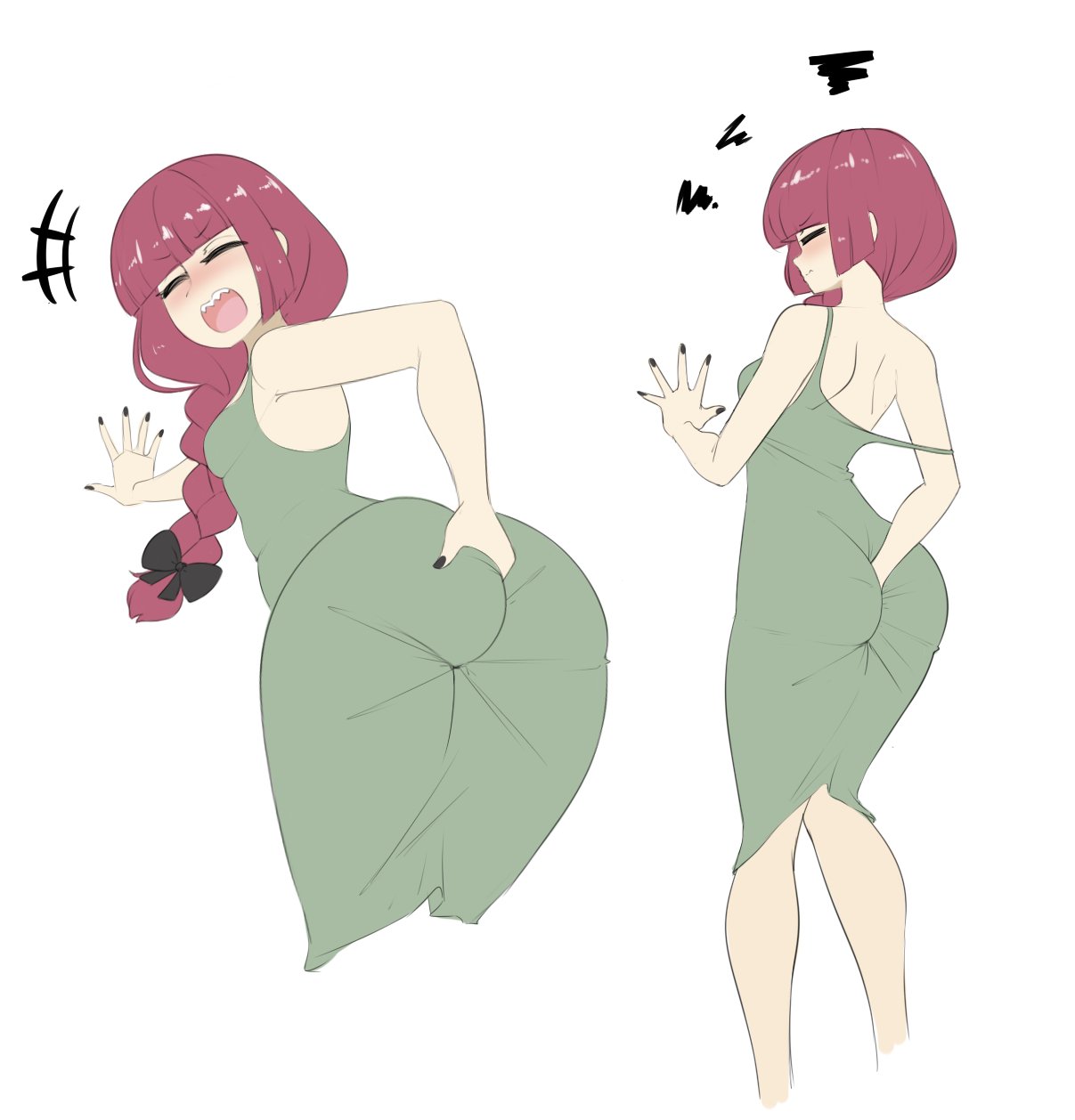 1girls, ass, ass in dress, bent forward, bent over, big ass, black nails, blush, bocchi the rock!, braid, braided hair, braided ponytail, butt digging, closed eyes, digging up in they ass, dress, dress inside ass, drunk, drunk female, feet out of frame, female, female only, fully clothed, green dress, hair, hair ribbon, hand in ass, hiroi kikuri, looking back, nightgown, open mouth, red hair, ribbon, sealguy, sharp teeth, single braid, solo, solo female, strap slip, thighs, white background