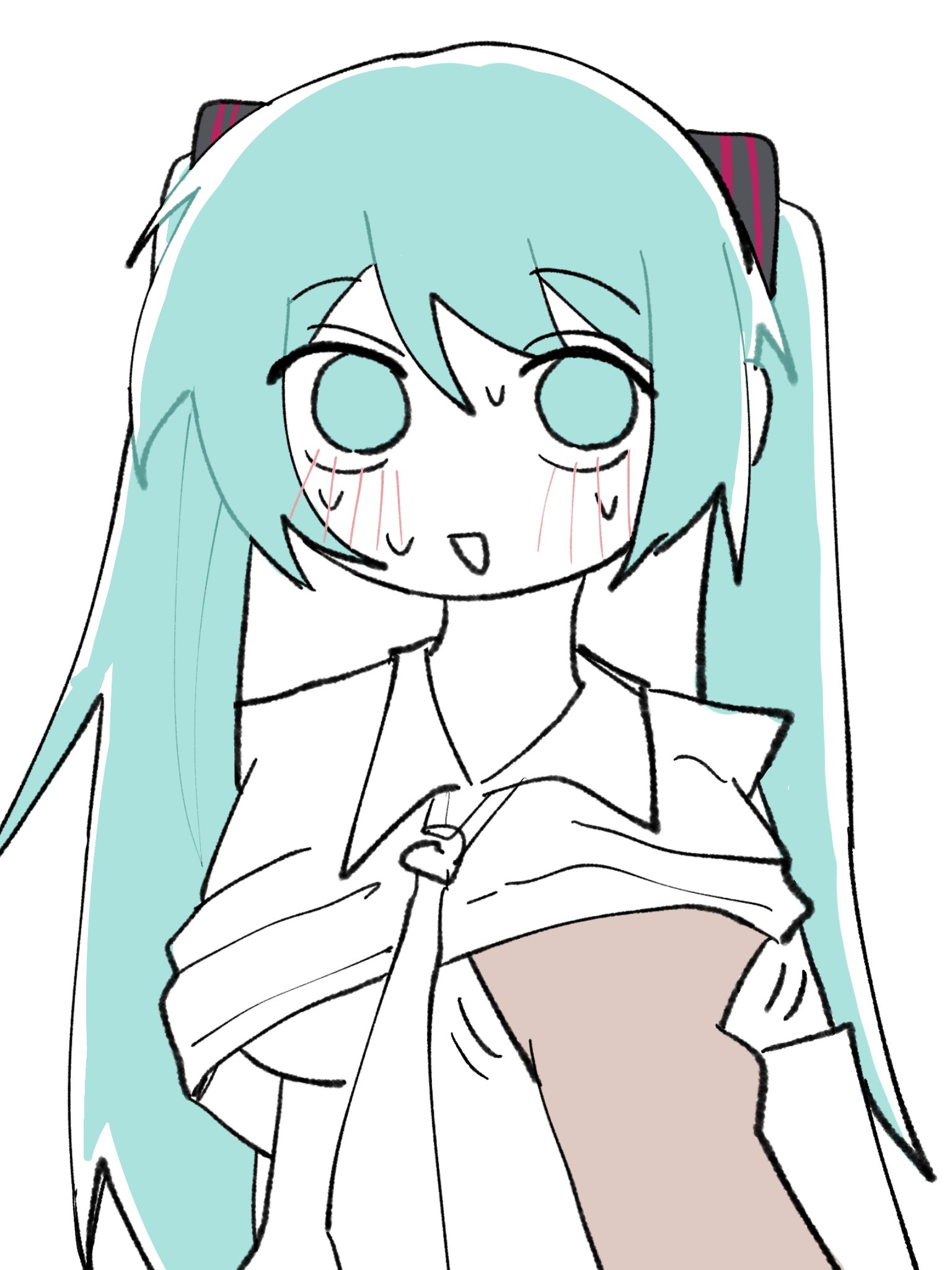 1boy, 1girl, 1girls, aqua eyes, aqua hair, blue eyes, blue hair, blush, breast grab, breasts, ccitrus0, color, dark-skinned male, embarrassed, female, female focus, flat color, grabbing, groping, groping breasts, hand under shirt, hatsune miku, hetero, long hair, looking at viewer, necktie, open mouth, pov, shirt, shirt lift, simple background, solo focus, sweat, sweatdrop, tie, twintails, twitter link, underboob, vocaloid, white background