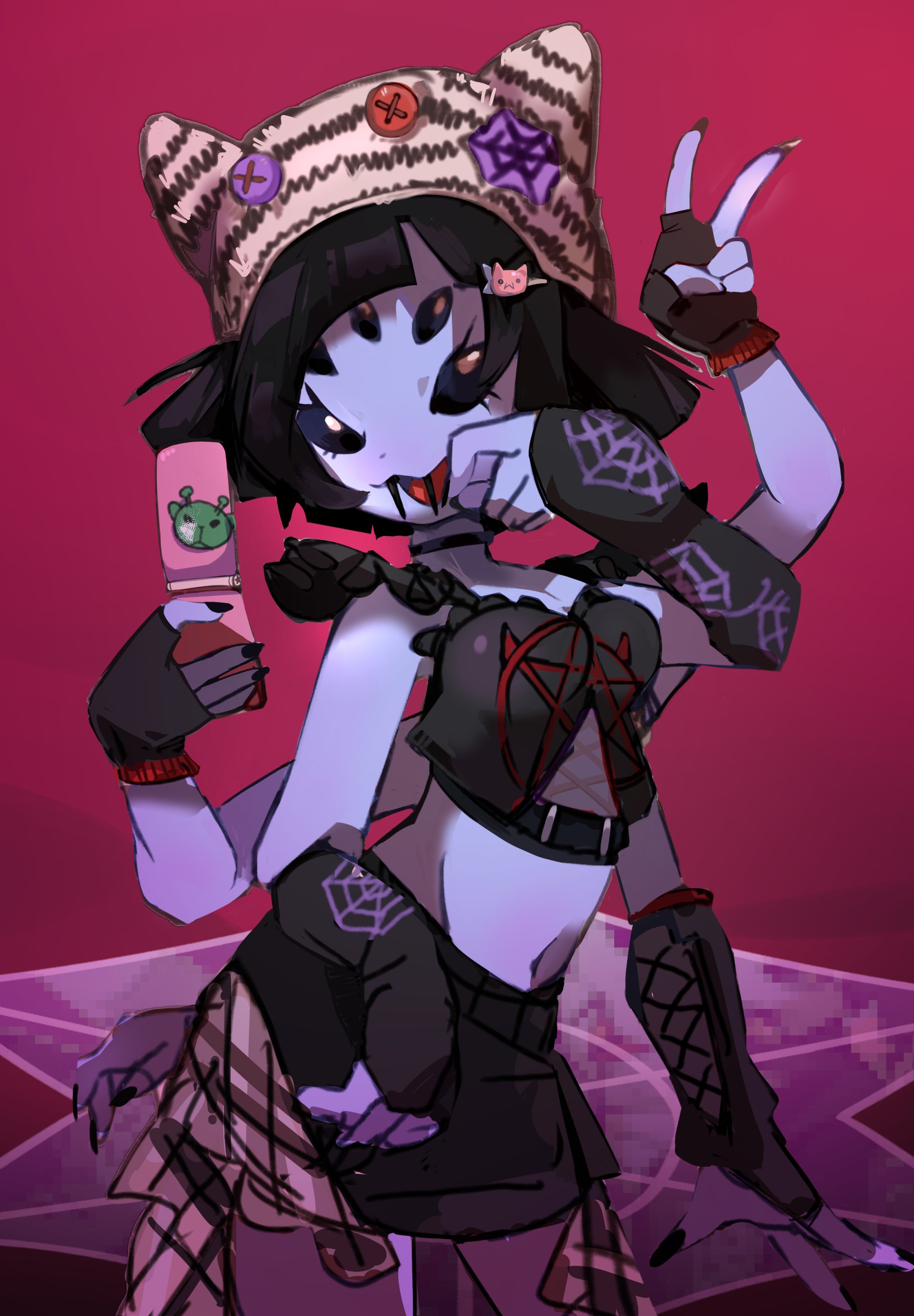 5 eyes, artist request, black nails, cat ears, cellphone, clothed, clothing, fangs, feline, female, gloves, hair clips, hair ornament, looking at viewer, monster girl, muffet, multi eye, pentagram, skirt, sleeves, spider girl, spider web, tagme, undertale, undertale (series), v sign