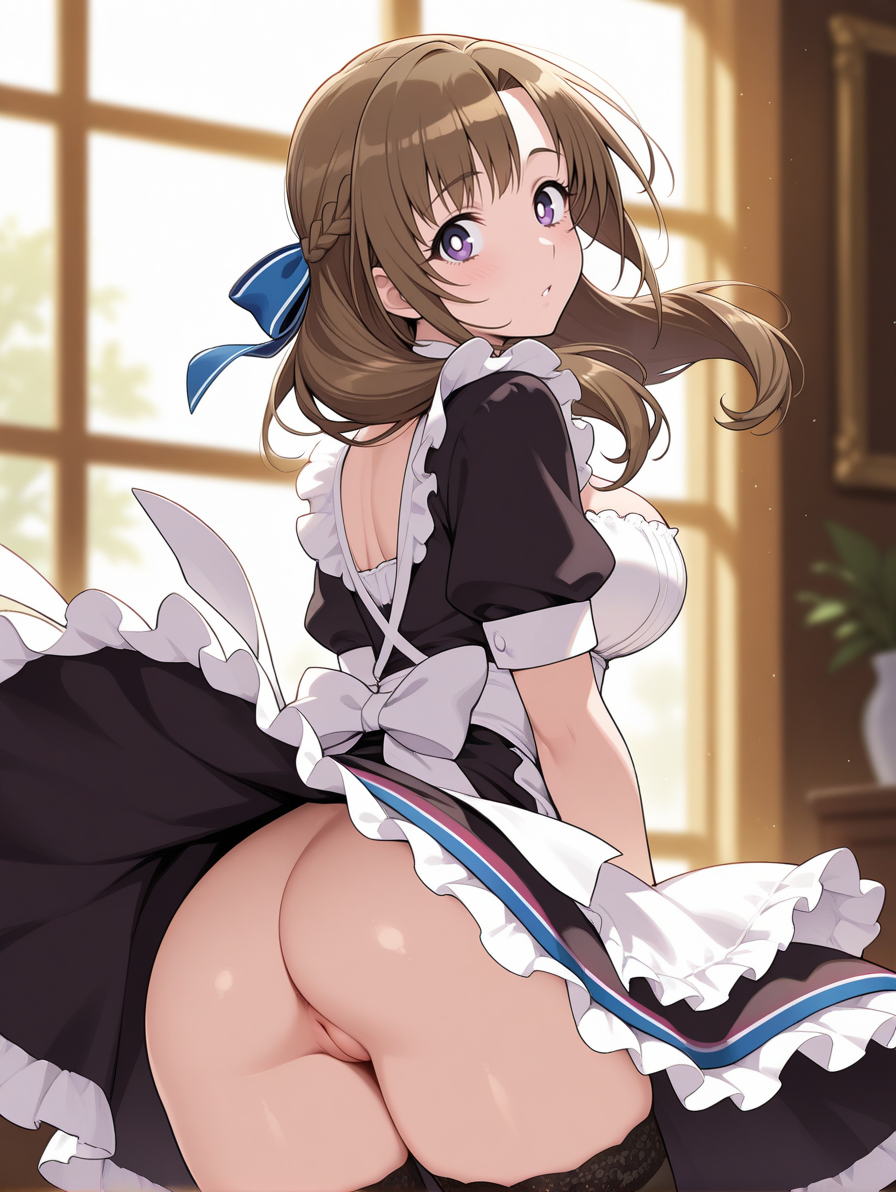 ai_generated anus apron ass back bangs black_dress black_legwear black_thighhighs blush bow braid breasts bright_pupils brown_hair clothes_lift clothes_pull clothing curtains do_you_love_your_mom_and_her_two-hit_multi-target_attacks? dress dress_lift dress_pull female female female_only floating_hair french_braid frilled_dress frills from_behind garter_straps hair_ornament hair_ribbon hairbow headdress headwear indoors large_breasts legwear lingerie long_hair looking_at_viewer looking_back maid maid_apron maid_headdress mature mature_female milfhunter228 nopan oosuki_mamako parted_lips puffy_short_sleeves puffy_sleeves purple_eyes ribbon short_sleeves sidelocks skindentation skirt skirt_lift skirt_pull smile solo standing thighhighs thighs tied_hair tsuujou_kougeki_ga_zentai_kougeki_de_ni-kai_kougeki_no_okaasan_wa_suki_desu_ka? uniform vagina white_apron white_bow white_pupils wind window