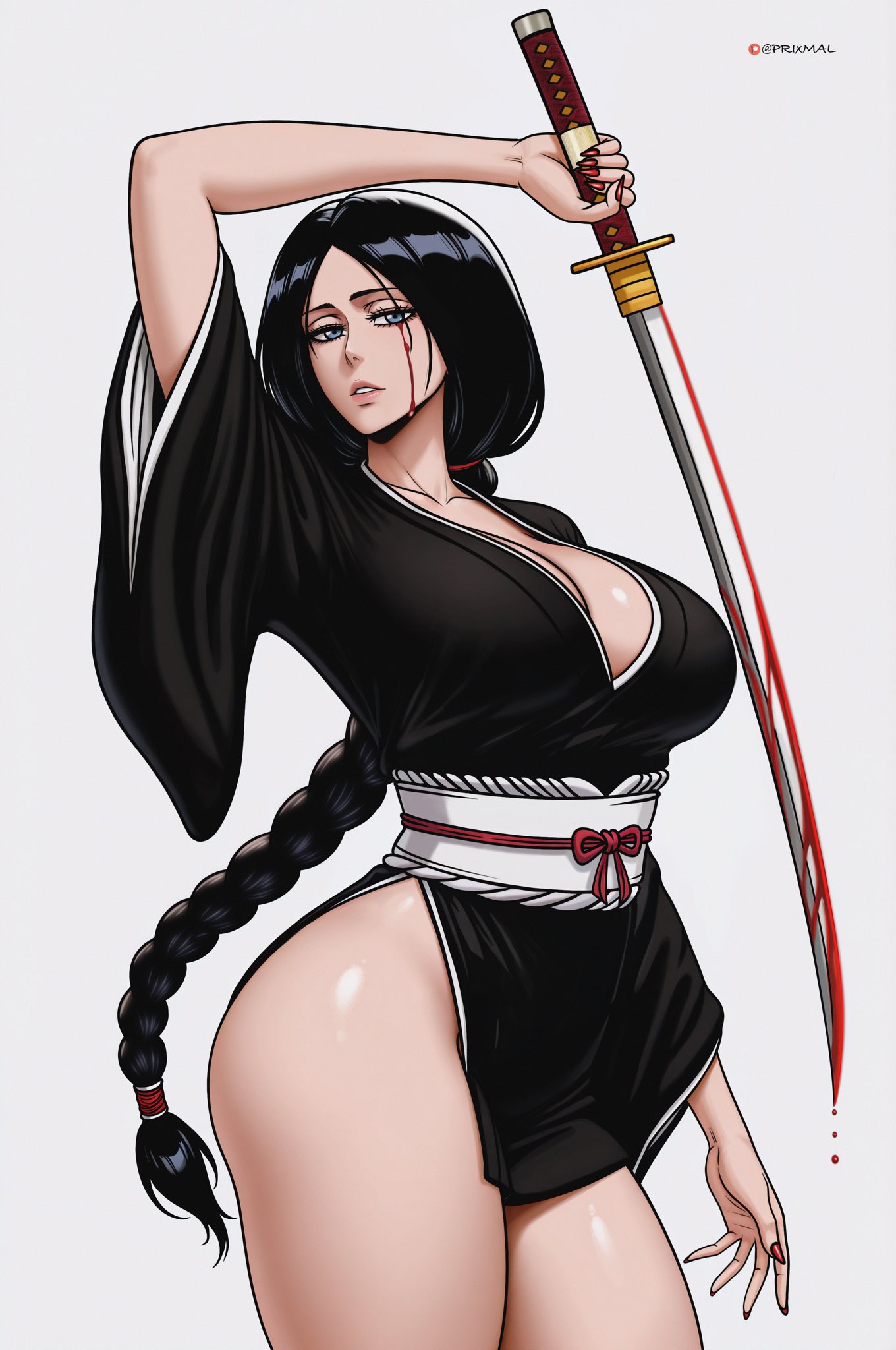1girls, 2d, absurdres, artist name, big breasts, black hair, bleach, blood, blood on face, bloody weapon, blue hair, braid, braided ponytail, breasts, collarbone, female, female only, highres, holding, holding sword, holding weapon, huge breasts, large breasts, light skin, light-skinned female, lips, long hair, looking at viewer, mature, mature female, no panties, patreon username, prixmal, shihakusho, shiny skin, simple background, solo, sword, thighs, unohana retsu, weapon, zanpakutou