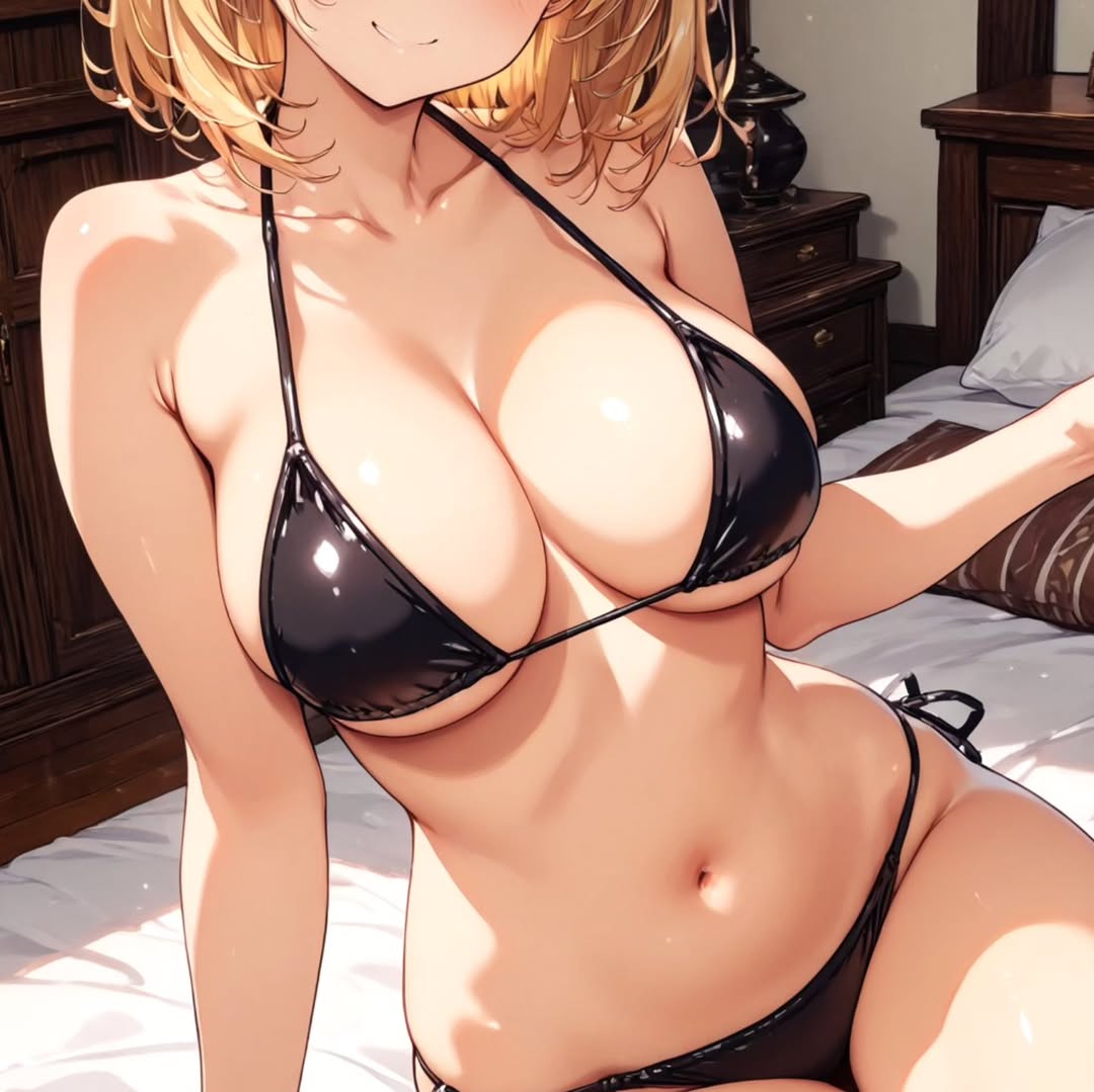 2025 ai_generated bedroom belly black_bikini blonde_female blonde_girl blonde_hair_female female instagram looking_at_viewer meta peach_skin smile_at_viewer smiling_at_viewer ten01c tummy unknown_character