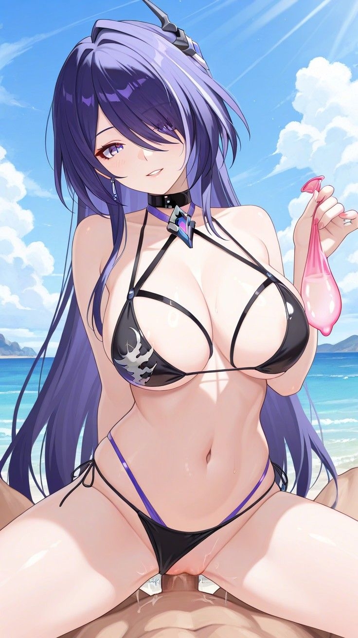 1boy, 1girls, acheron (honkai: star rail), ai generated, background, bare shoulders, bareback, beach, belly, belly button, bikini, bikini aside, bikini bottom, bikini top, black bikini, breasts, cleavage, cock, collar, commentary request, condom, cowgirl position, female, female focus, female on top, female penetrated, filled condom, hair, hair ornament, hair over one eye, head tilt, holding, holding condom, holding object, honkai (series), honkai: star rail, hoyoverse, large breasts, lia the busty redhead, long hair, looking at viewer, male, male penetrating, male penetrating female, male/female, midriff, mihoyo, nature, nature background, navel, ocean, outdoors, outside, penis, penis in pussy, pov, purple eyes, purple hair, pussy, seductive, seductive look, seductive smile, self upload, sex, sky, straight, tagme, thighs, vaginal penetration, vaginal sex, wet pussy